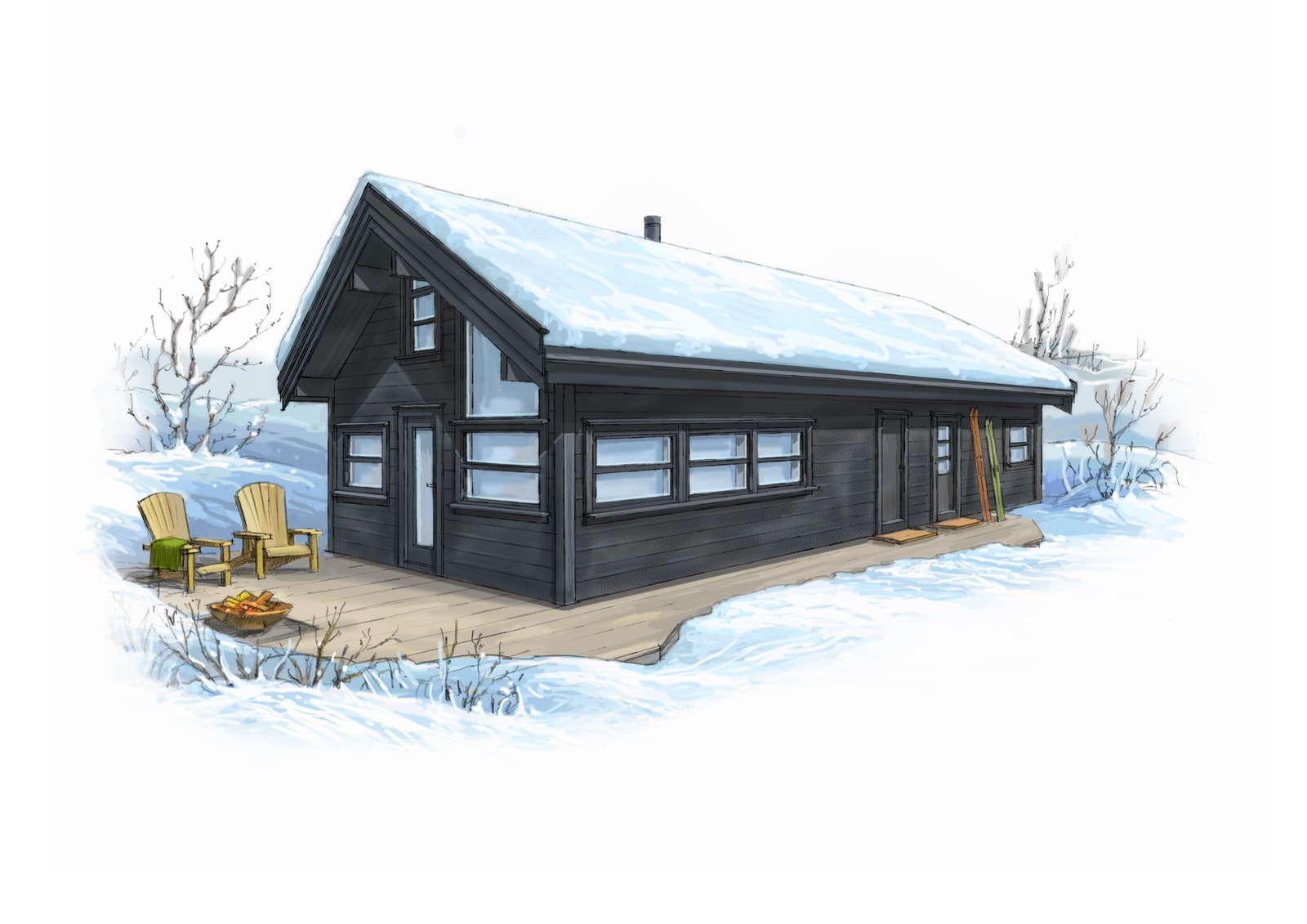 Utvendig tegning av hyttene på Berli Galleribilde