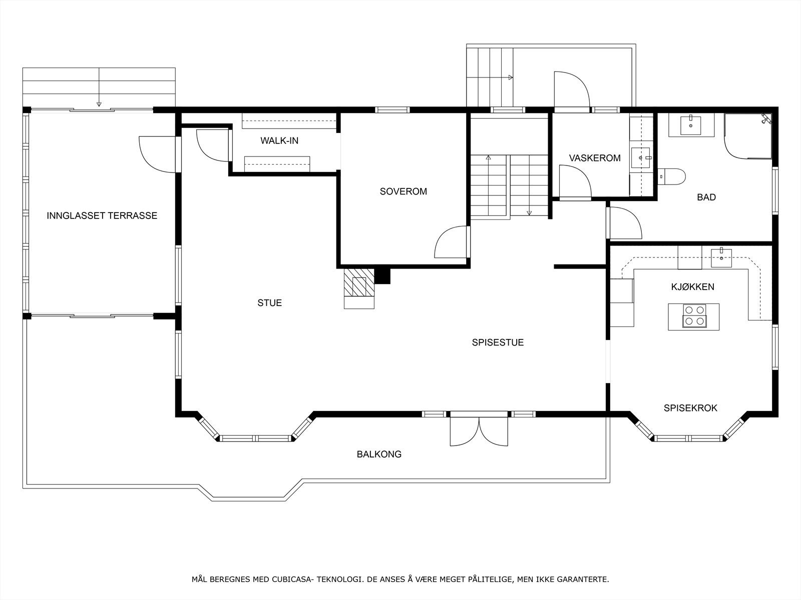Første etasje har en sosial sone med stue og kjøkken, samt hovedsoverom og bad. Galleribilde