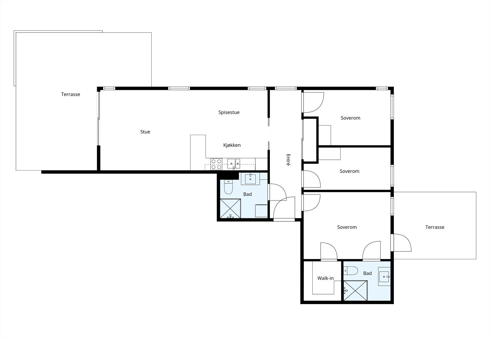 Leiligheten har en arealeffektiv planløsning med tre soverom, to bad og to markterrasser. Galleribilde