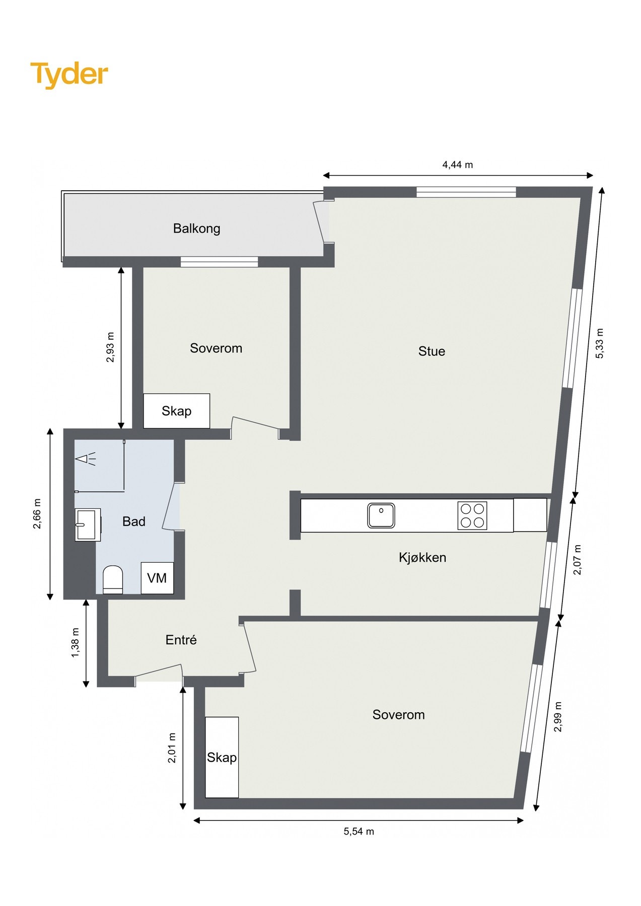Målsatt planskisse - hjørneleilighet i tredje etasje med stue, kjøkken, baderom, to adskilte soverom og entré. Galleribilde
