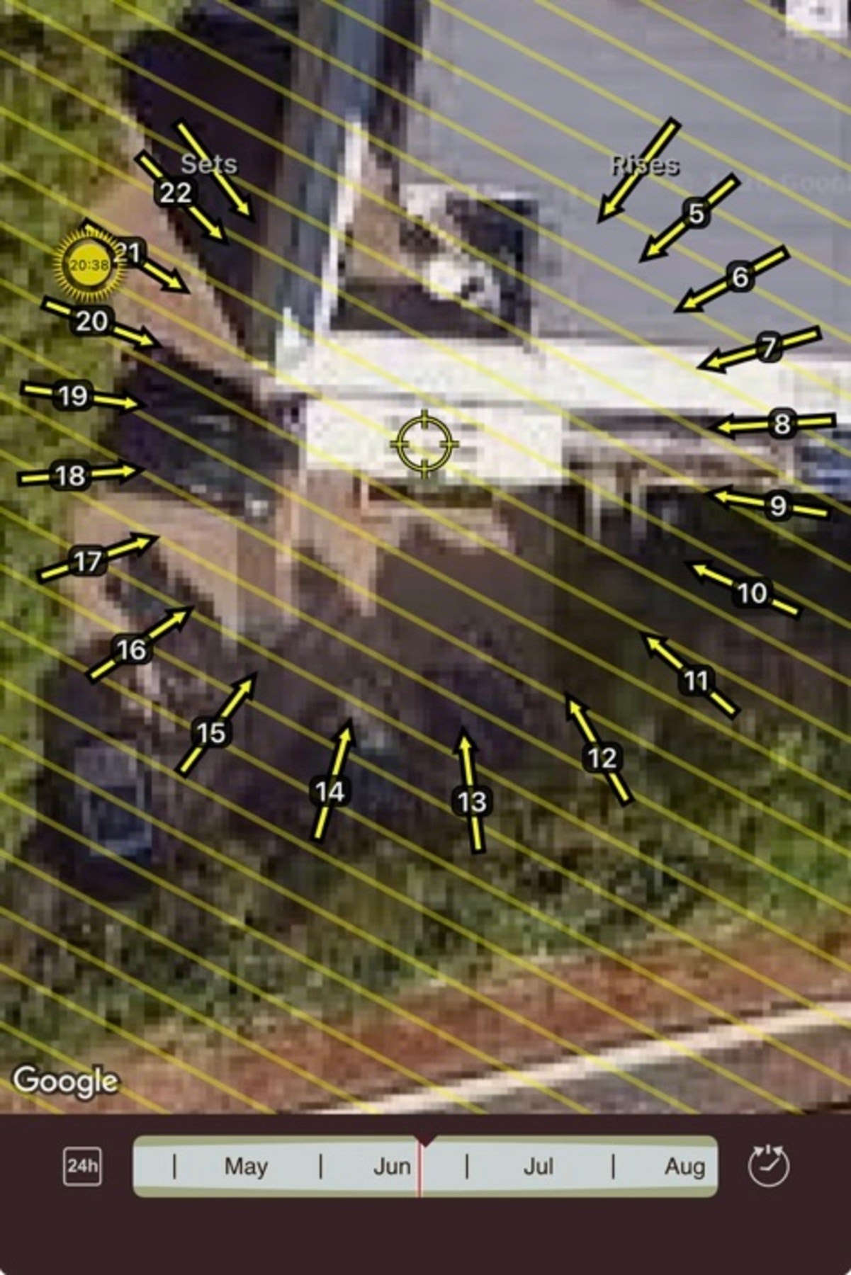 Soldiagram - Bildet viser kun solstrålenes retning. Faktiske solforhold kan avvike. Galleribilde