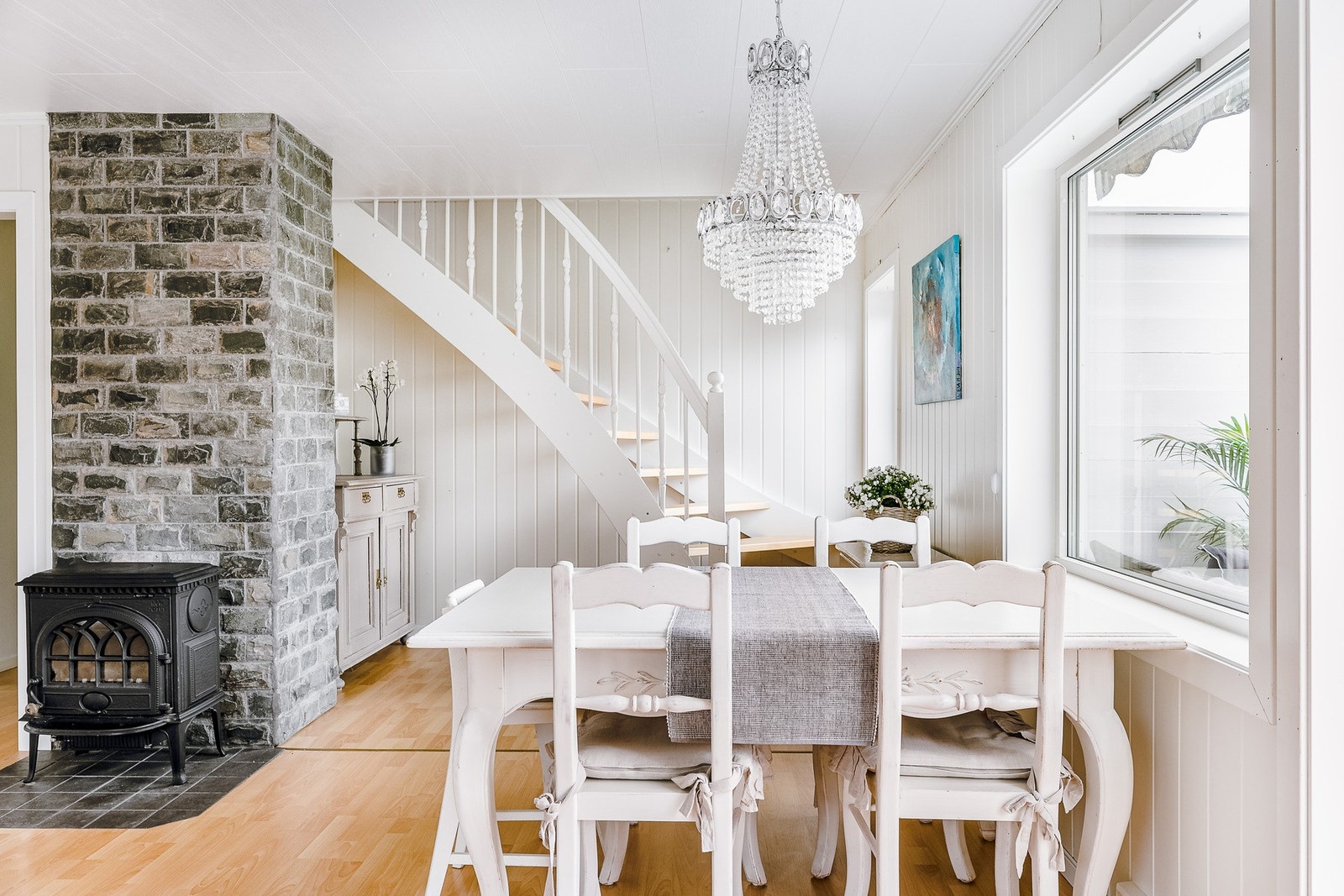 Sentralt i rommet er det vedovn som varmer godt og gir mye kos og hygge på mørke høst- og vinterkvelder. Galleribilde