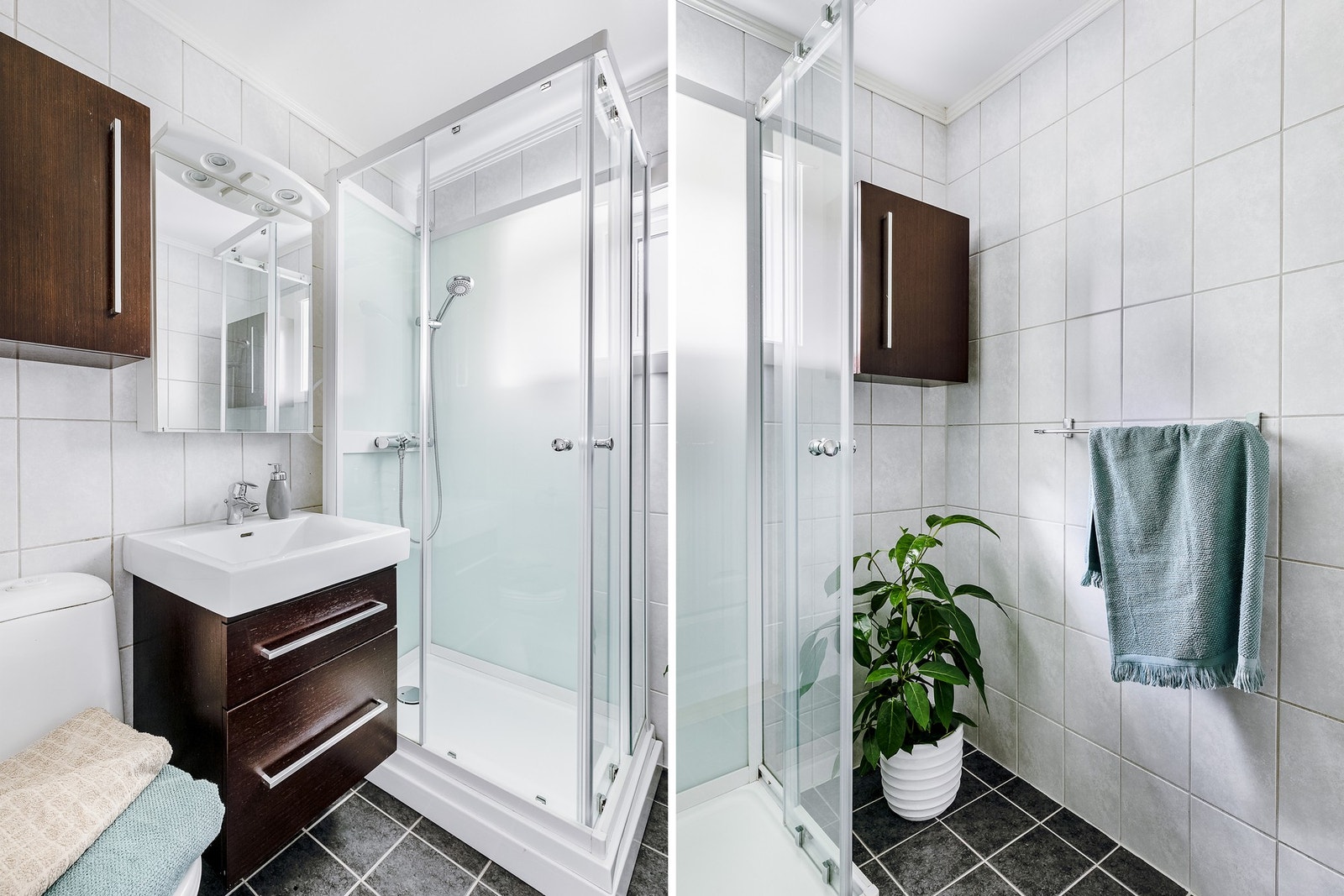 Leiligheten har flislagt bad. Badet er innredet med servantskap, speilskap, dusjkabinett, gulvstående wc og opplegg for vaskemaskin. Galleribilde