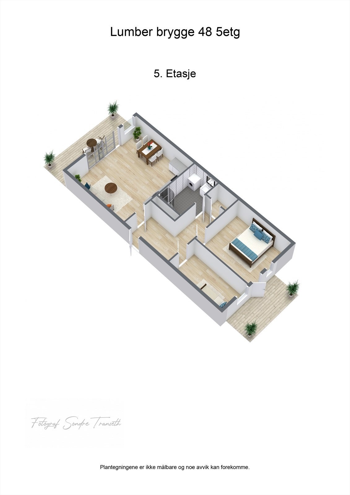 Planløsning 5.etg.: entre, åpen stue/kjøkkenløsning, 2 soverom, samt bad/vaskerom. I tillegg medfølger det bod og parkeringsplass i byggets underetg. Galleribilde