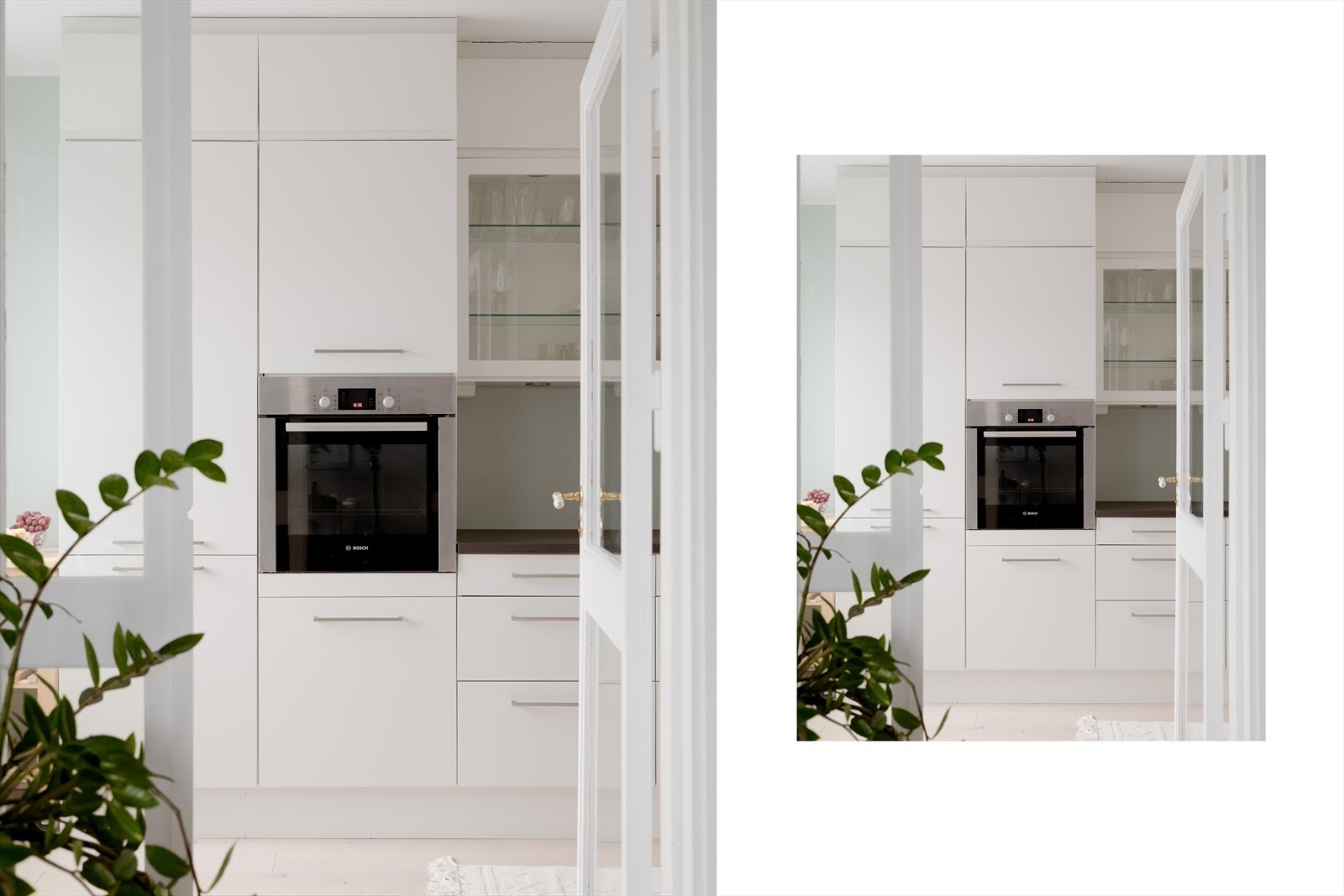 Lys HTH-innredning fra 2015 med hvite, glatte, fabrikklakkerte fronter og enkelte vitrineskap. Galleribilde