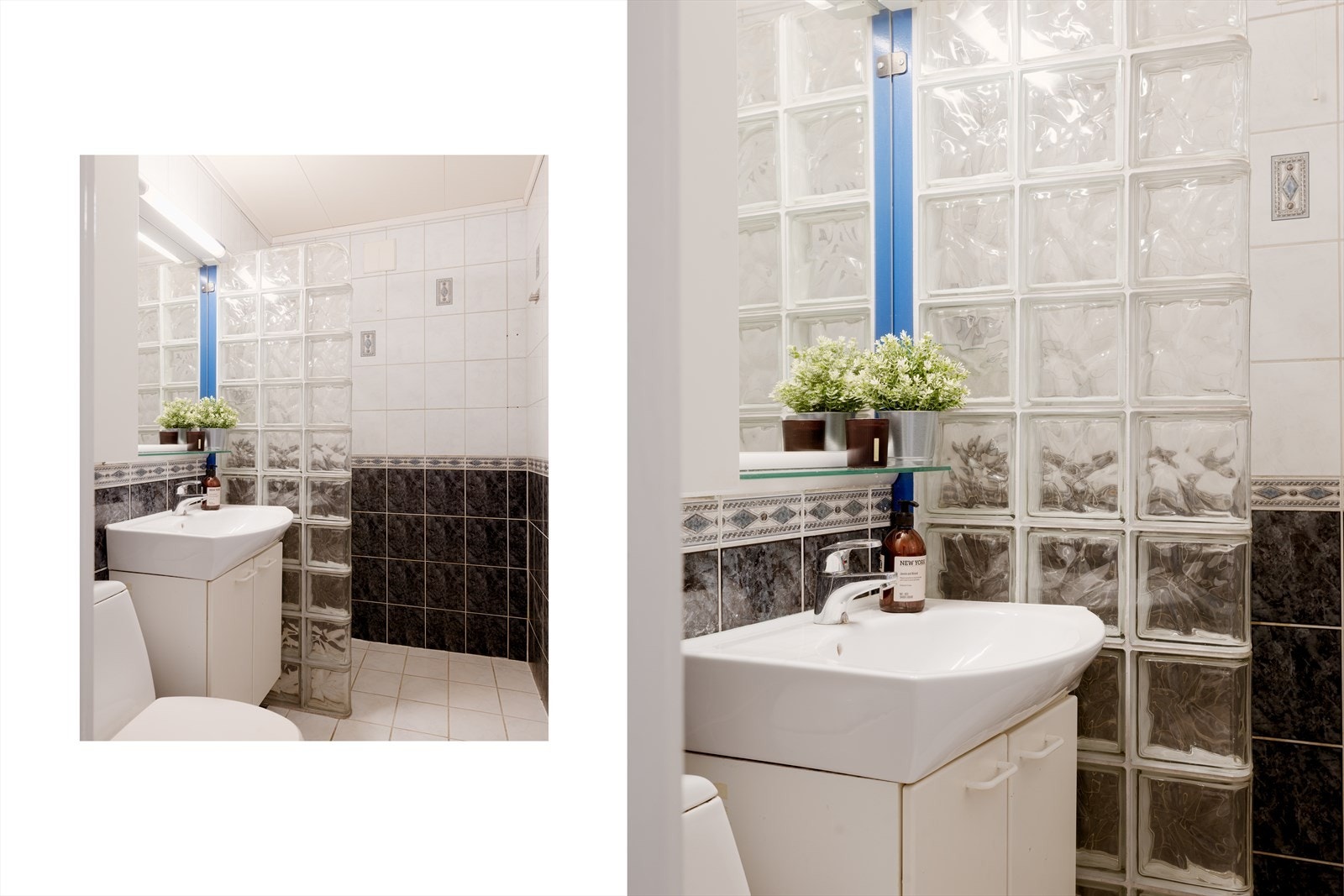 Badet har flislagt gulv med termostatstyrte varmekabler, flissatte veggflater og himling med plater. Galleribilde