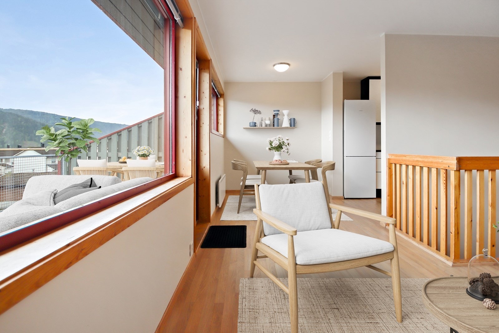 Stue/kjøkken i halvåpen løsning. (Bildet er møblert digitalt) Galleribilde