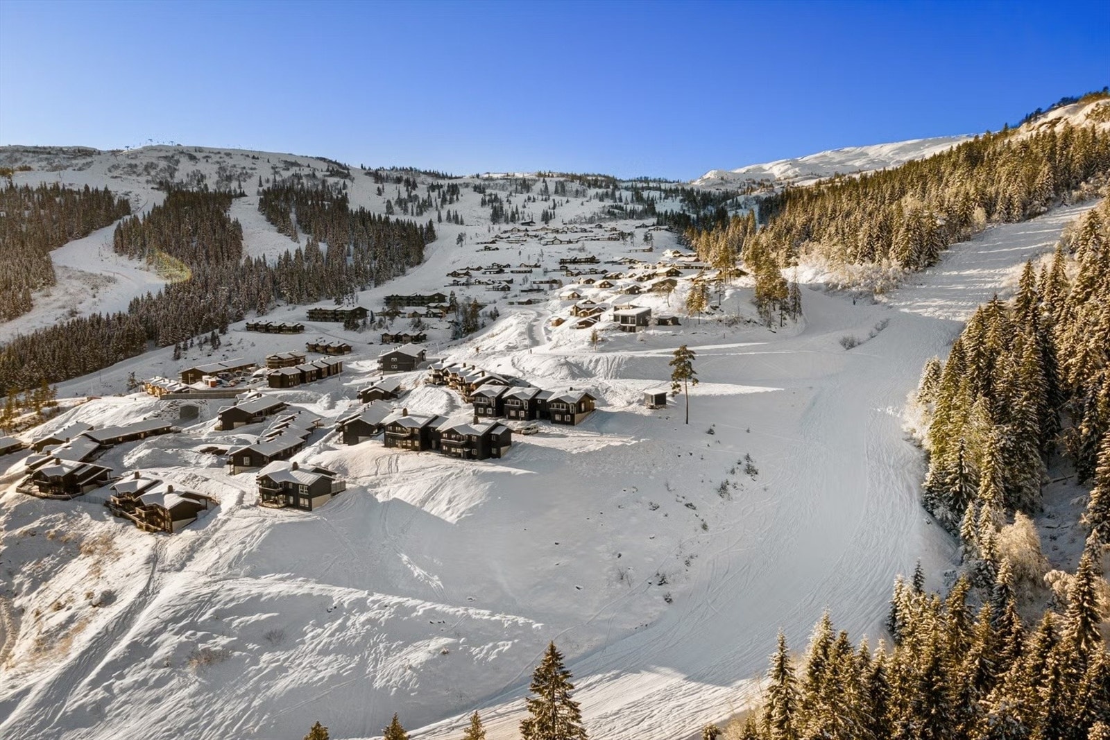Her ser du hytten "bader i sol" Spenn på deg skiene og dra rett ut i løypen! Galleribilde