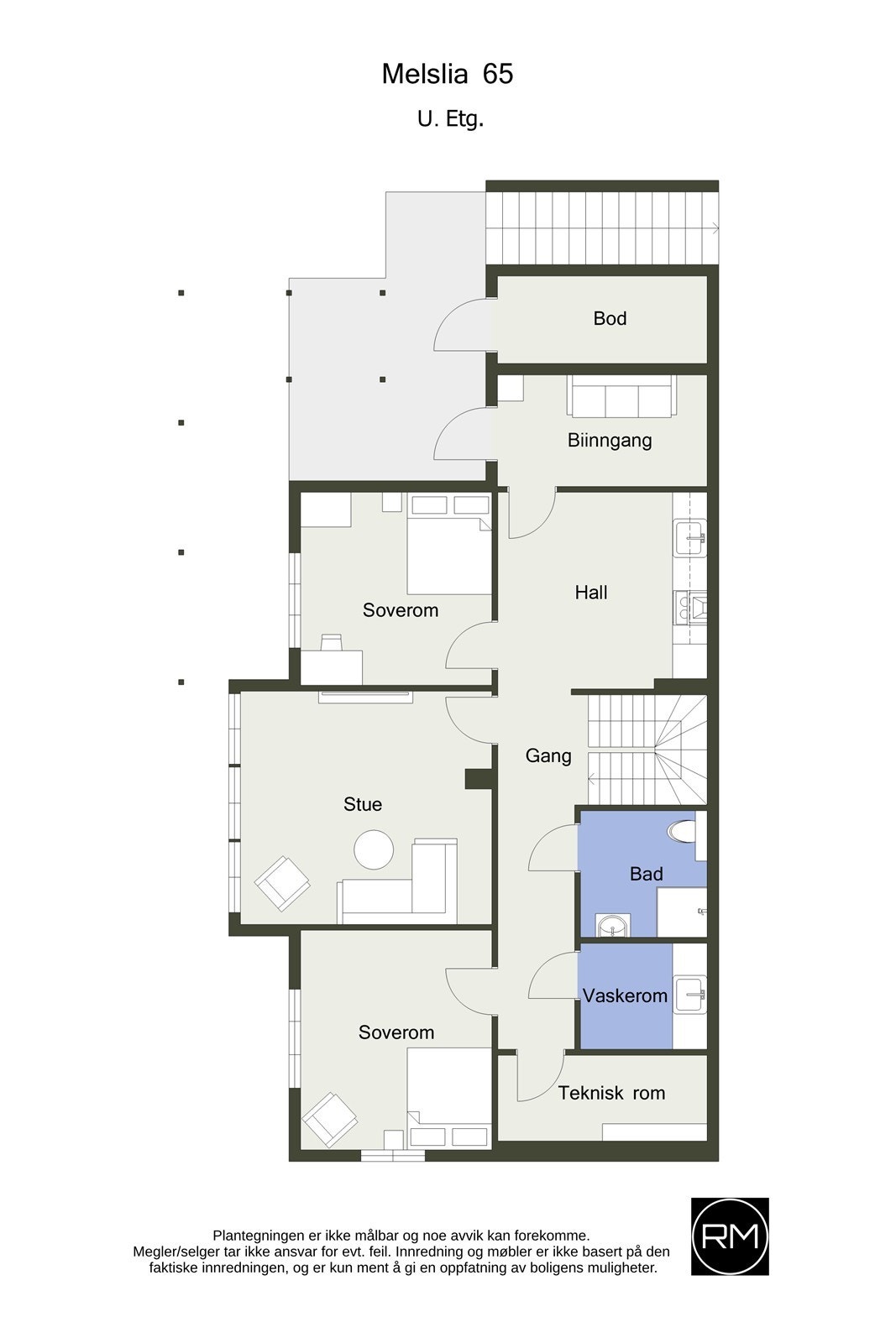Plantegning underetasjen. Det er skissert et kjøkken i hallen her, men dette er ikke montert. Det er opplegg til å kunne montere kjøkkeninnredning med vann/avløp Galleribilde