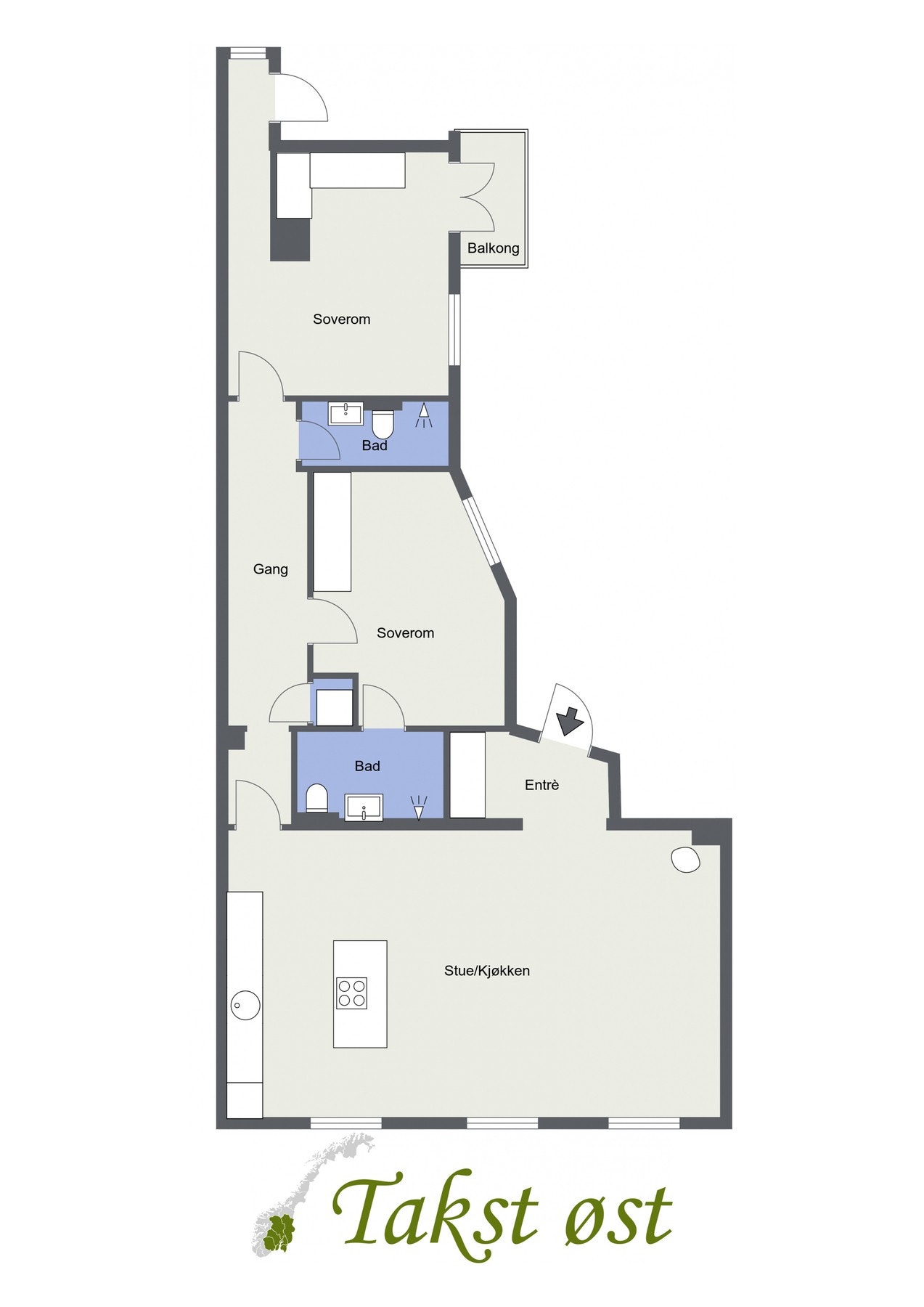 Plantegning 4. etasje med planfri adkomst med heis. I tillegg disponerer leiligheten en kjellerbod. Galleribilde