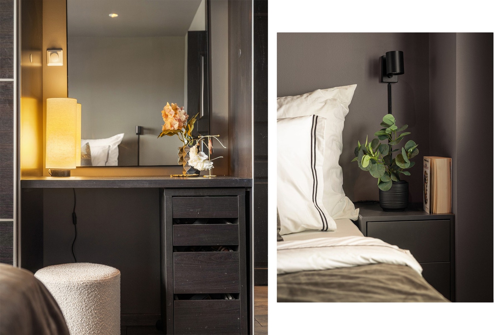 Praktisk skyvedørsgarderobe med gode oppbevaringsmuligheter samt integrert løsning med sminkebord eller arbeidsplass. Galleribilde