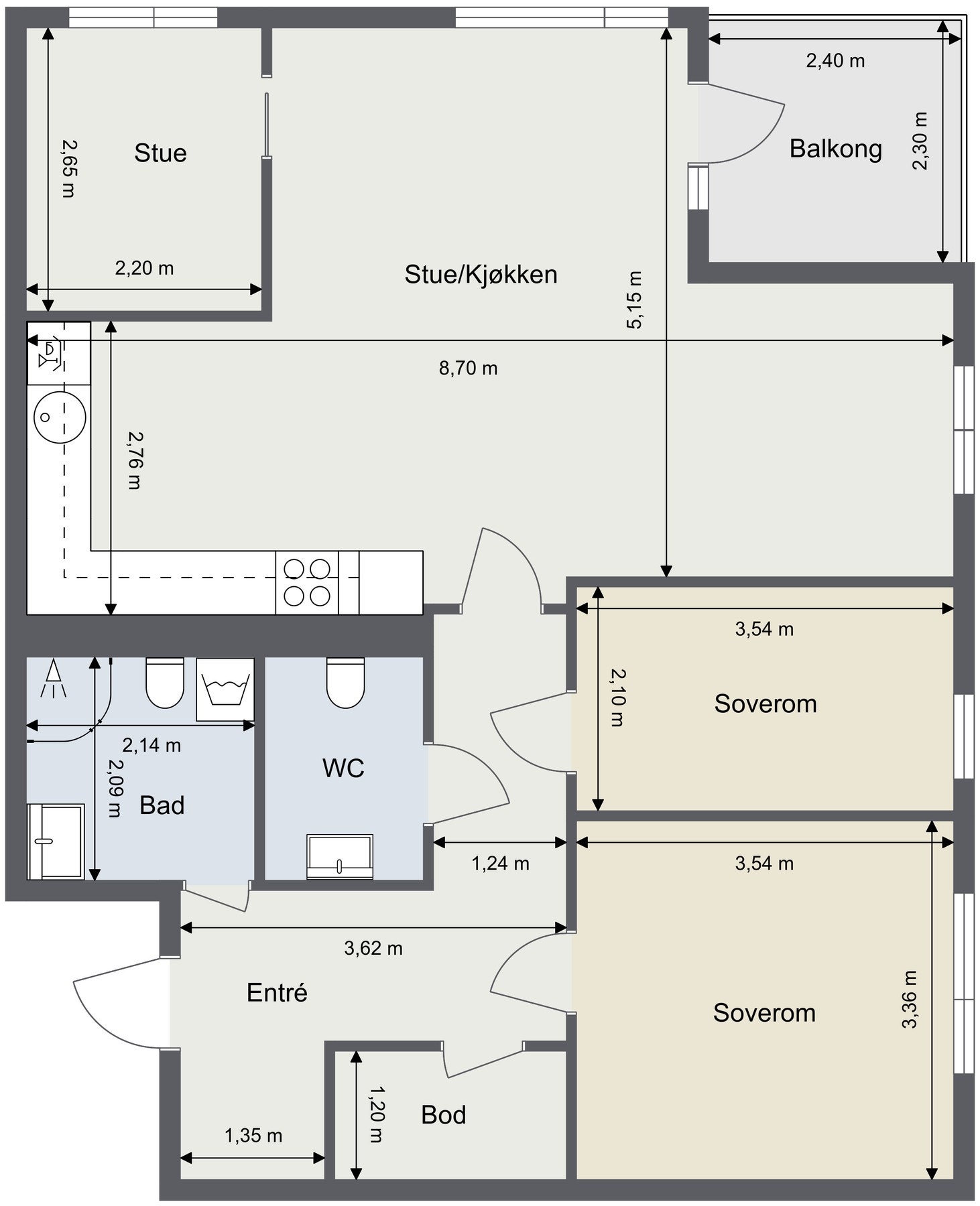 Boligen ligger i 5. etasje og har et innvendig areal på 80 kvadratmeter Galleribilde