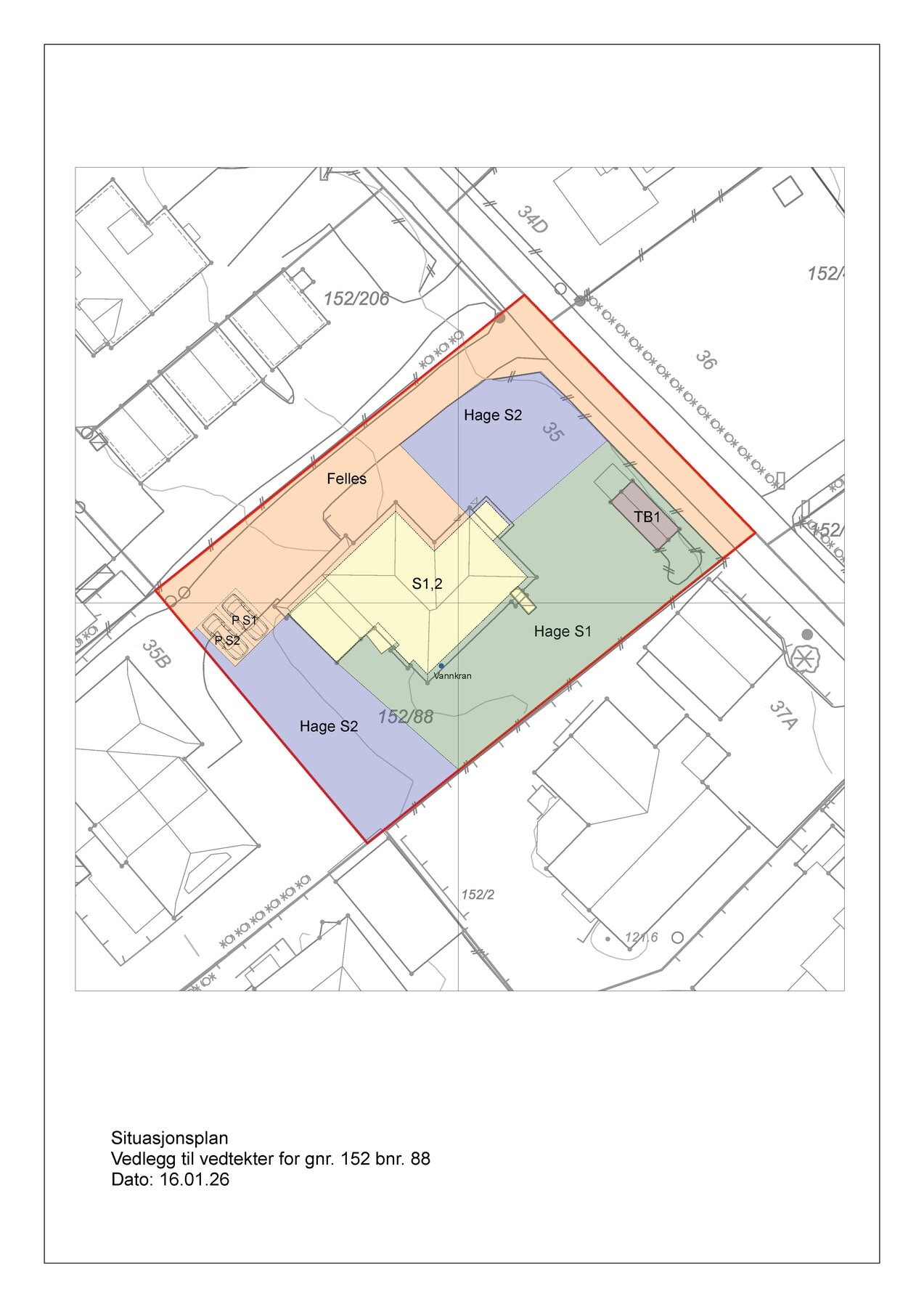 Utomhusplan iht. vedtekter. Seksjon 2 er markert i blått. Rødt er fellesareal. Galleribilde