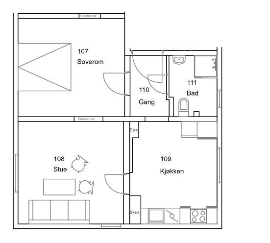 Leiligheten har gang, bad, kjøkken, stue og soverom. Galleribilde