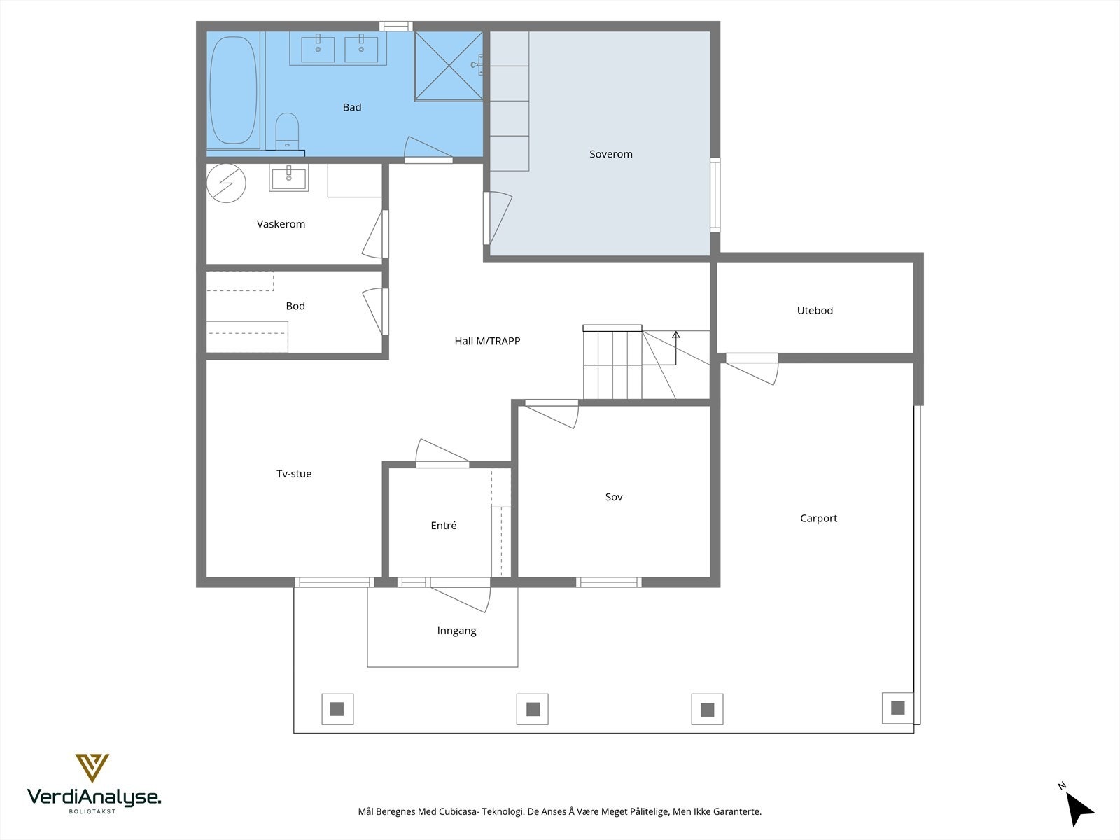 Planløsning av dagens bruk av 1. etg. Det som avviker fra bygningstegningene er tv-stuen, som opprinnelig er inntegnet som et soverom. (Se punkt under ferdigattest/ brukstillatelse for informasjon om lovlighet) Galleribilde