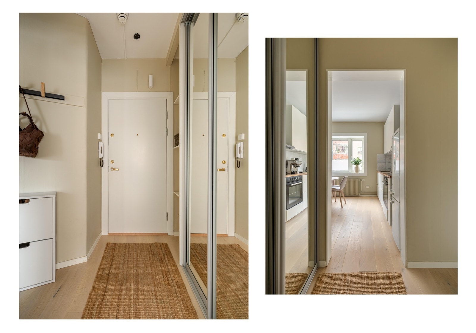 Entreen gir et godt førsteinntrykk og binder leiligheten fint sammen. Her er det god plass til å henge opp jakker og plassere sko i stor skyvedørsgarderobe. Galleribilde