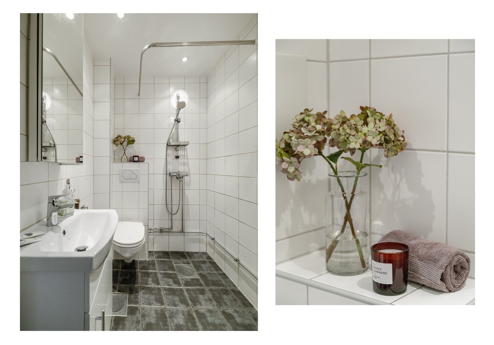 Innredningen består av vegghengt servantskap, servant, dusjsone og vegghengt toalett. Det er opplegg og plass til vaskemaskin, downlights fra taket og varmekabler i gulvet. Galleribilde