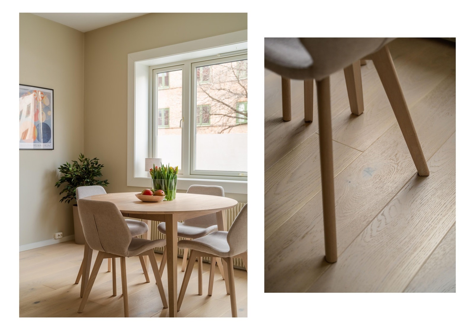 Gulvet er av parkett og ble lagt i 2024. Galleribilde