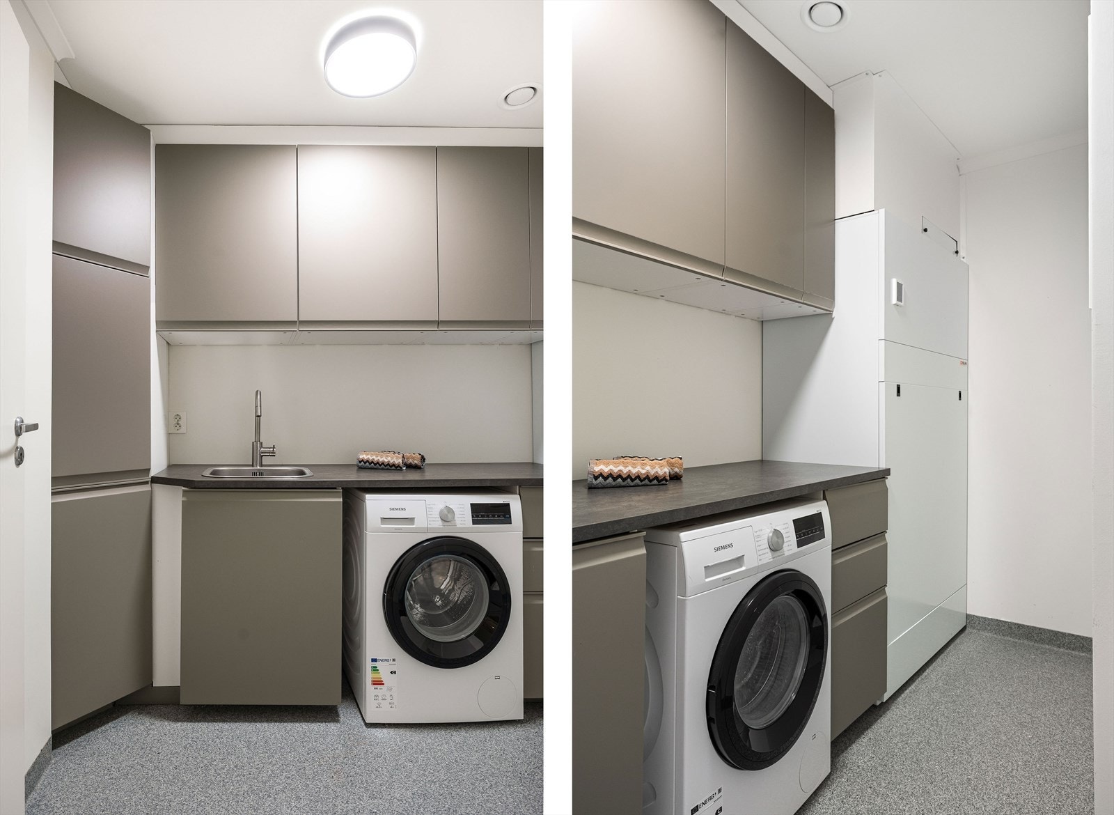 Praktisk kombinert vaskerom og teknisk rom med gulvbelegg og varme i gulv. Rommet har opplegg for vaskemaskin samt plass til teknisk installasjon. Ventilasjon er tilkoblet boligens balanserte ventilasjonssystem. Galleribilde