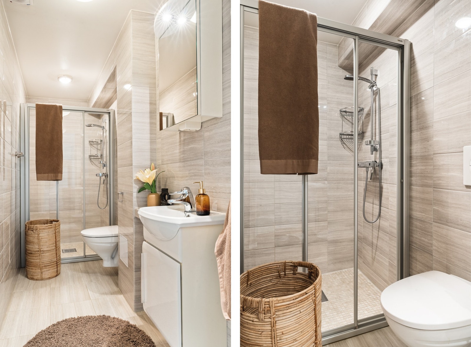 Badet er innredet med vegghengt toalett, servant med innredning, speilskap og dusjnisje. Galleribilde