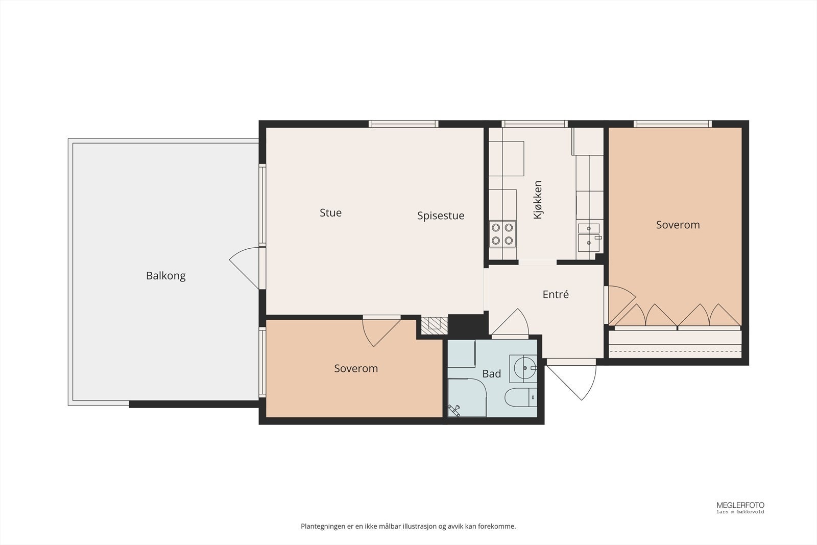 Leiligheten på 60 m² der arealet er godt utnyttet. 2 soverom. Galleribilde