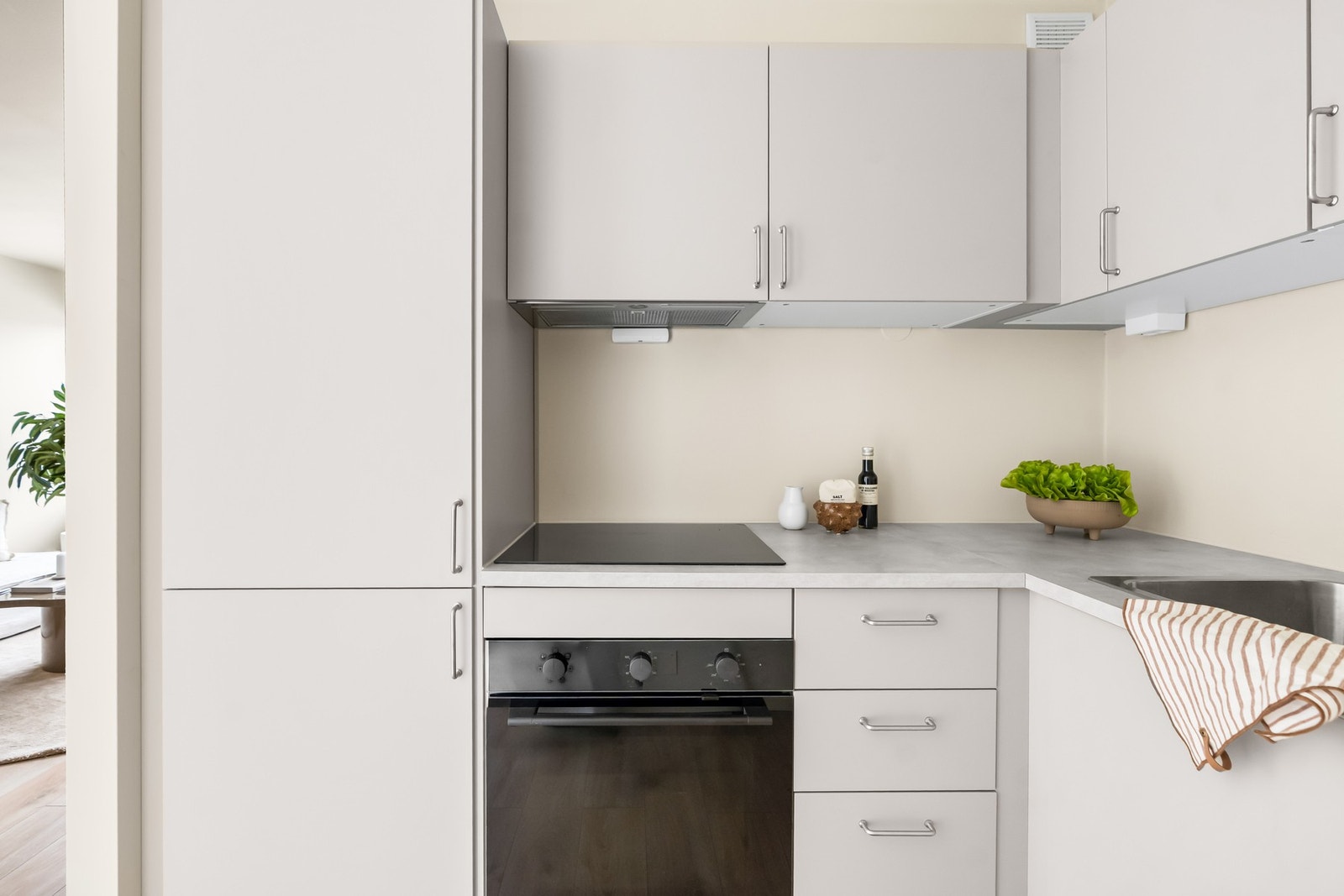 Kjøkkenet har en integrert oppvaskmaskin, kjøl/frys, komfyr og en nedfelt platetopp. Galleribilde