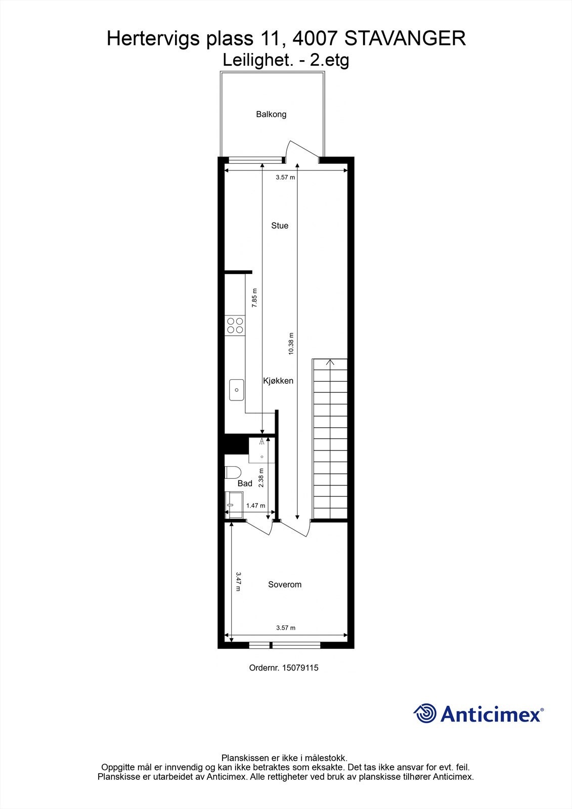 Andre etasje rommer stue, kjøkken, soverom, bad og utgang til balkong. Galleribilde