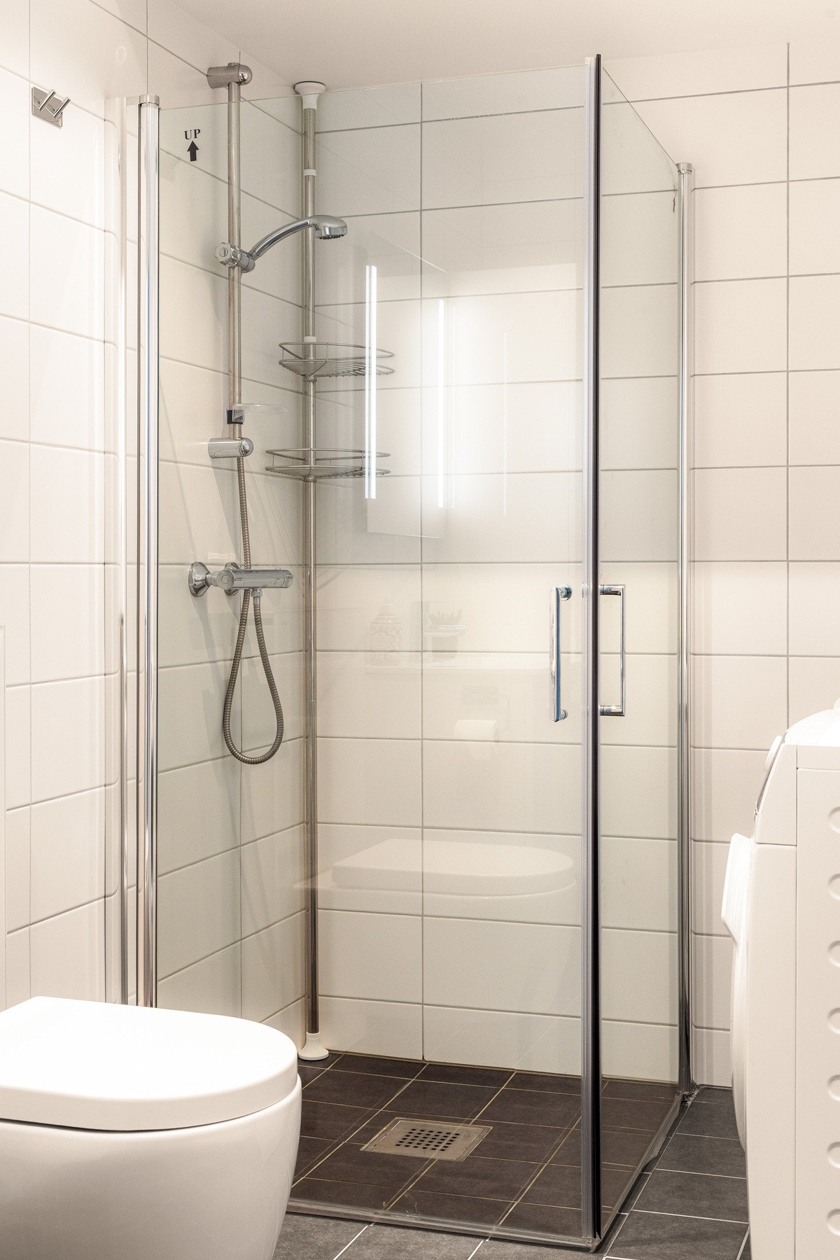 Romslig dusjnisje med innfellbare glassdører og dusjarmatur, og det er i tillegg opplegg for vaskemaskin og tørketrommel. Galleribilde