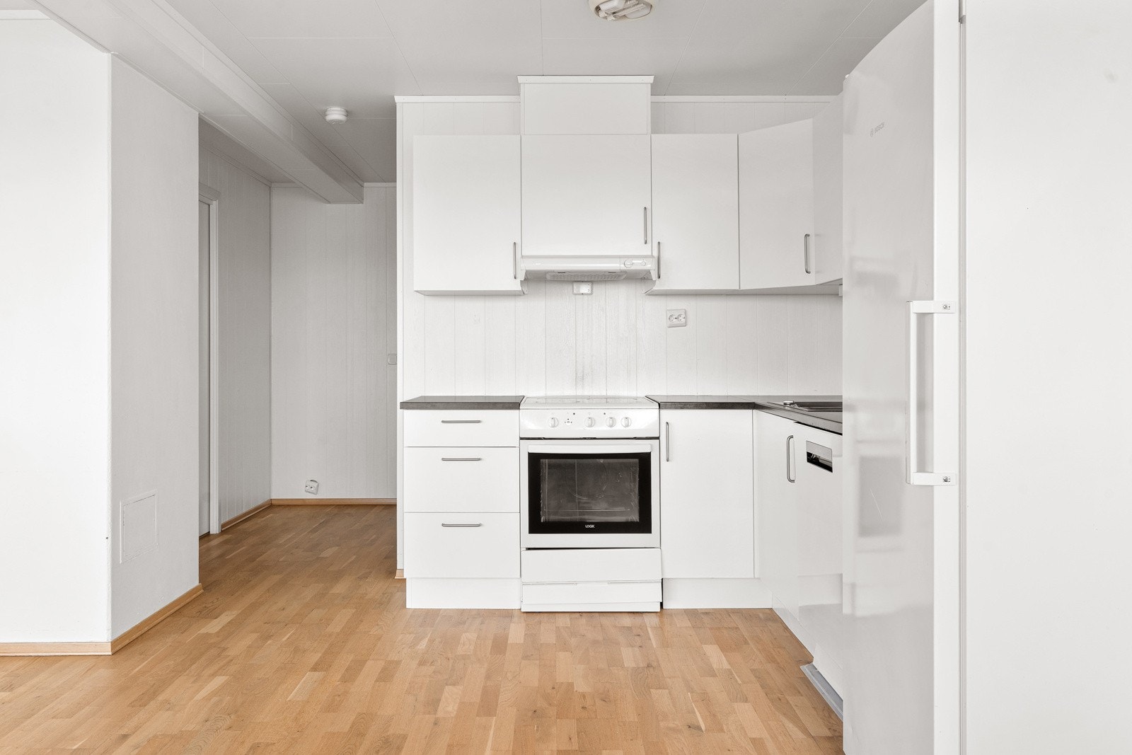 Plass til frittstående hvitevarer og oppbevaring i skuffer og skap.