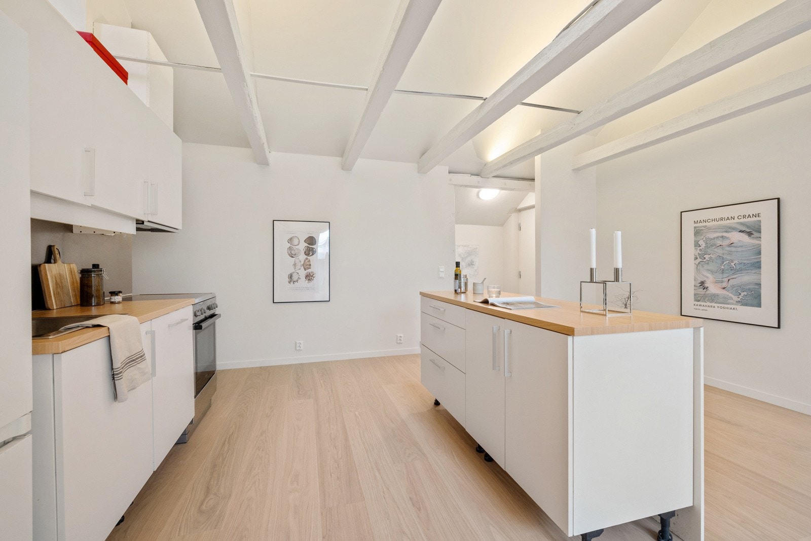 Innredning med mekanisk avtrekksvifte over stekesonen og opplegg for oppvaskmaskin, komfyr og kjøl/fryseskap. Galleribilde