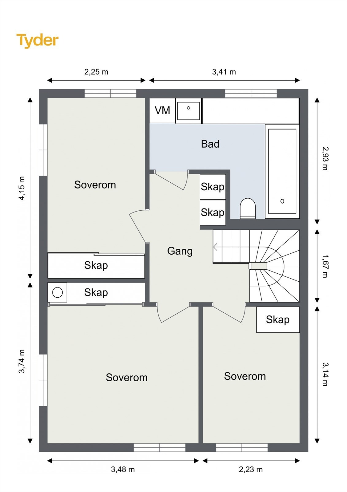 Planløsning 2.etasje: Gang, bad/wc/vaskerom og 3 soverom. Galleribilde