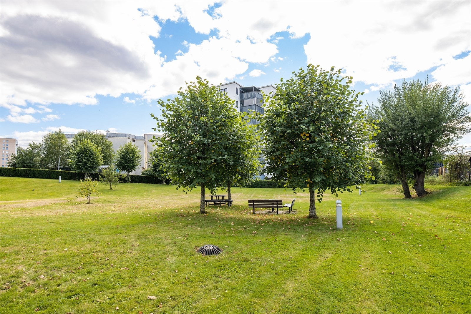 Grøntarealet rundt bygningen tilbyr sitteplasser og er ideelt for rekreasjon. Galleribilde