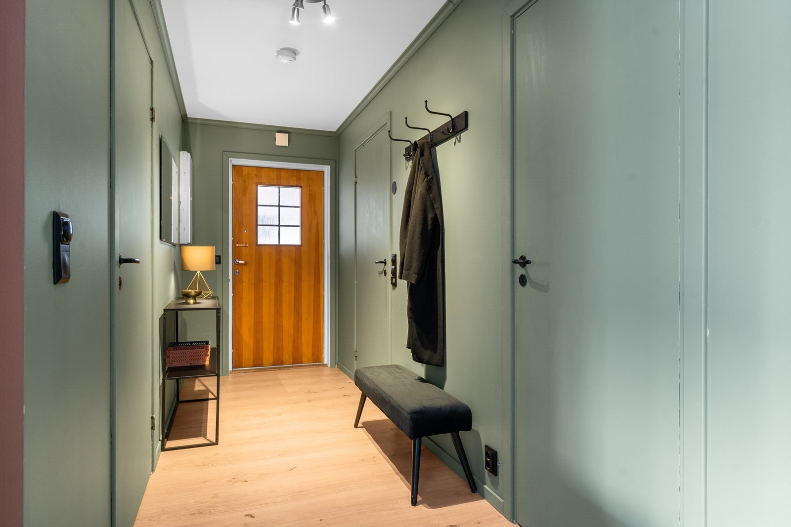 Velkommen inn! Romslig entré/gang med knaggrekke og plass til oppbevaringsmøblement. Galleribilde