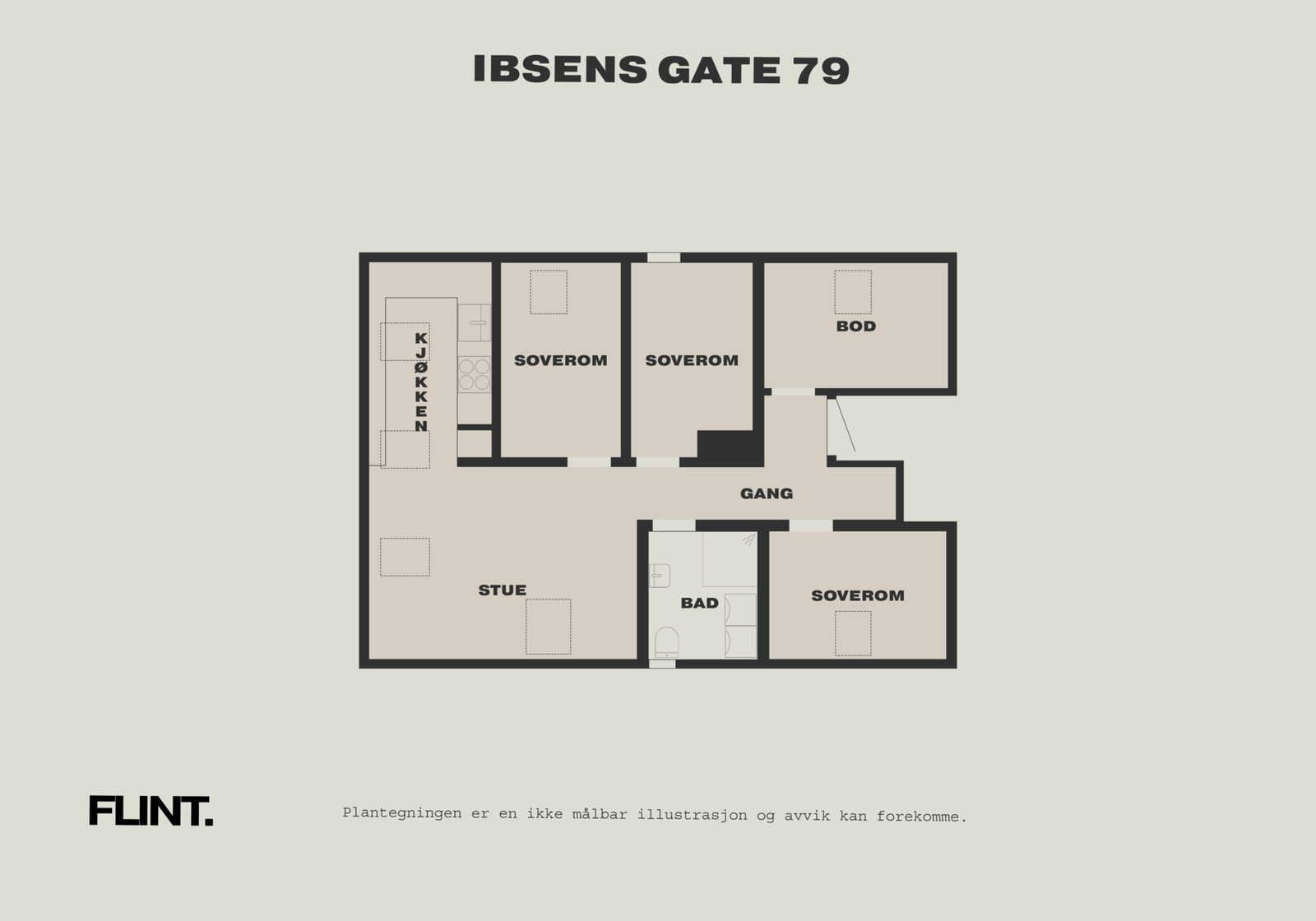 Leiligheten inneholder entré/gang, åpen stue- og kjøkkenløsning, bad samt fire soverom, hvor ett rom ikke er godkjent til varig opphold (opprinnelig bod) Galleribilde
