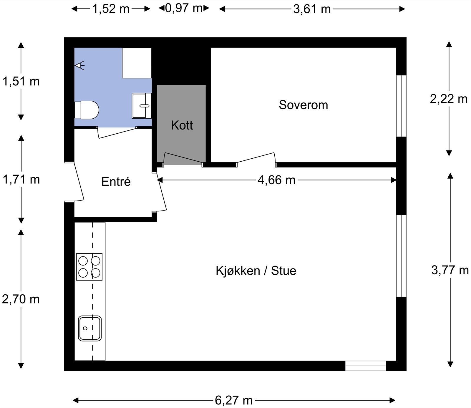 Plantegning fra takstmann. Leiligheten inneholder entré, stue, kjøkken, soverom, bad og bod. Kjellerbod for lagring. Galleribilde