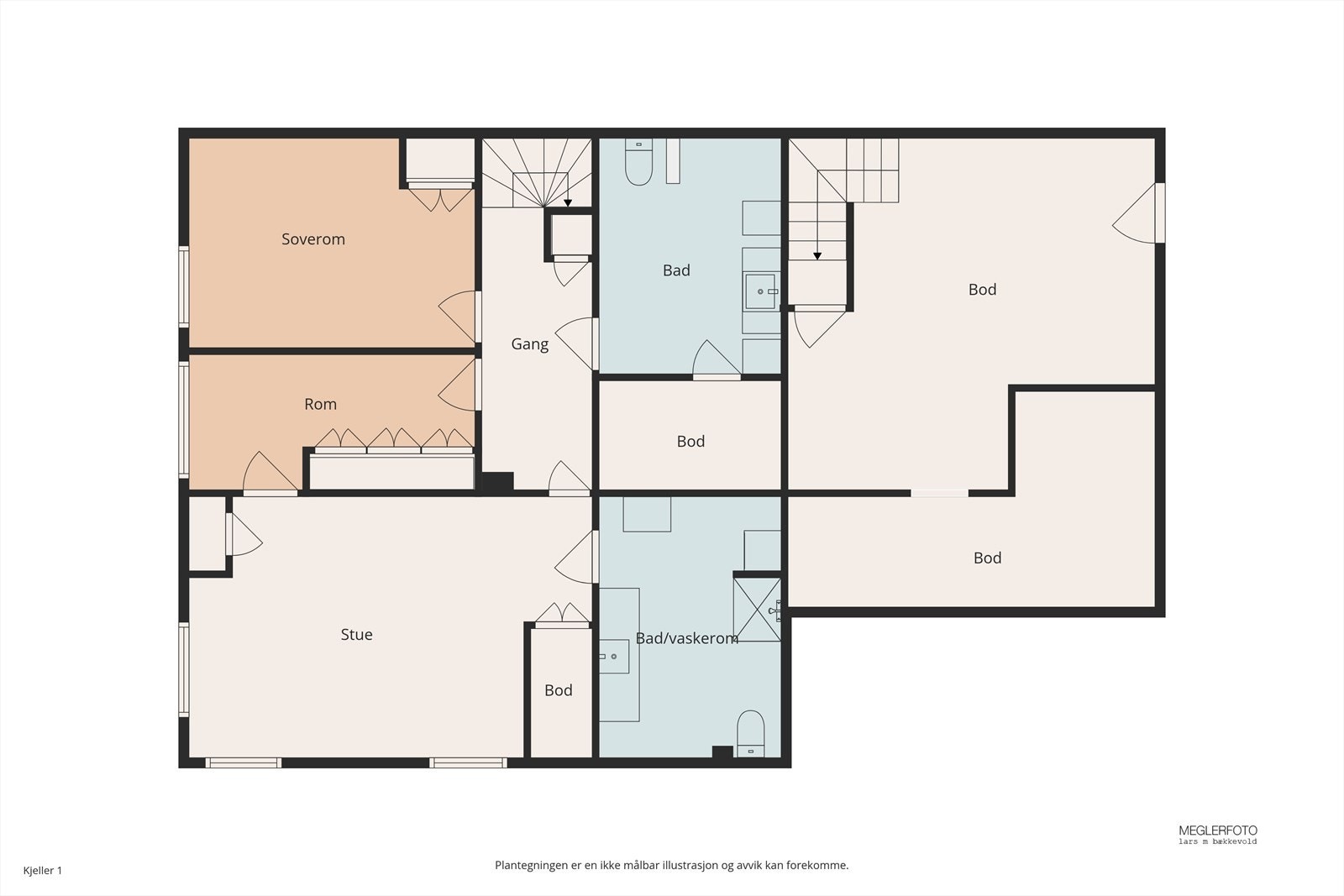 Underetasjen inneholder kjellerstue, soverom, kontor/soverom, to bad og gode lagringsmuligheter. Galleribilde