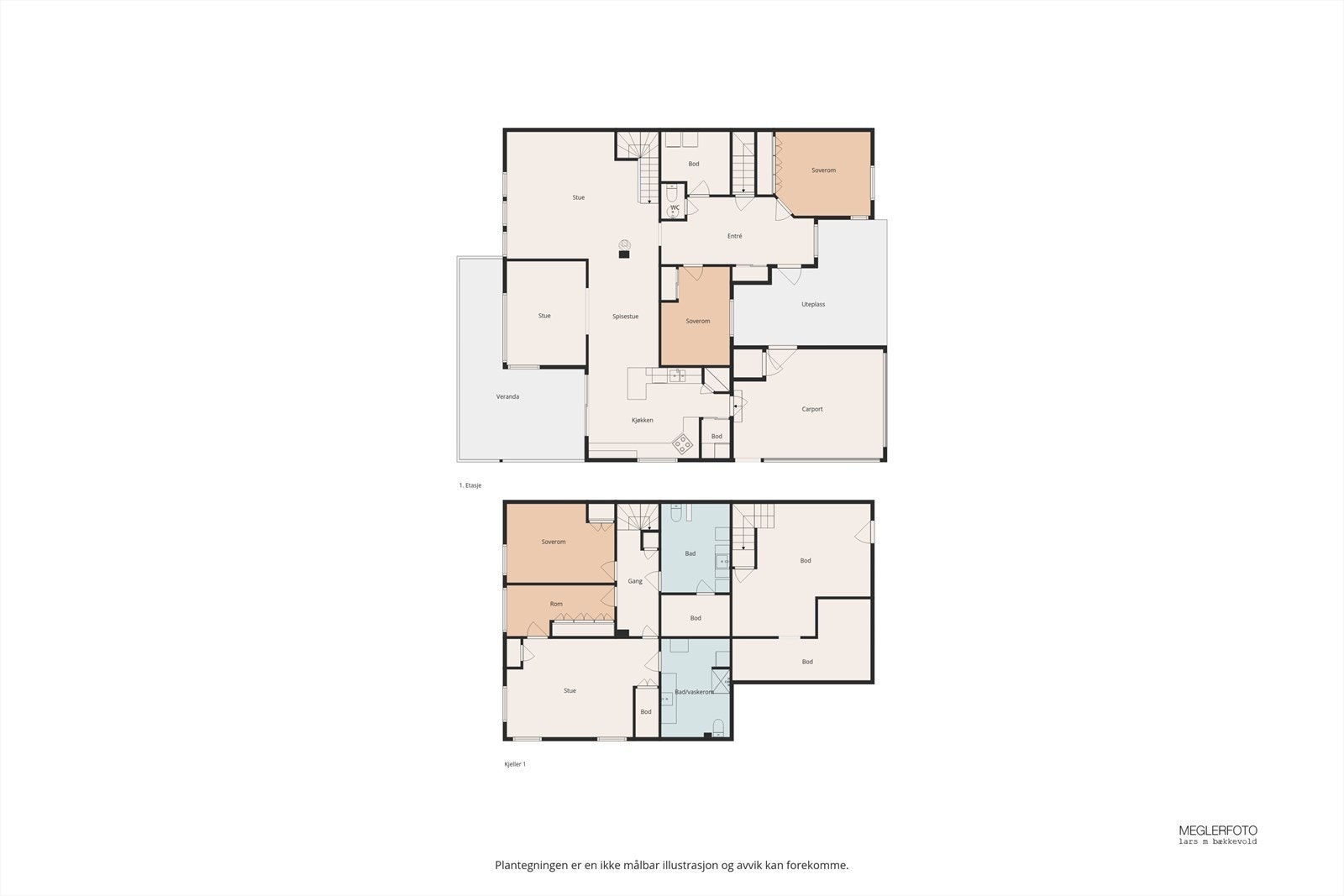 Plantegningene gir en god oversikt over boligens innholdsrike og funksjonelle planløsning over to plan. Galleribilde