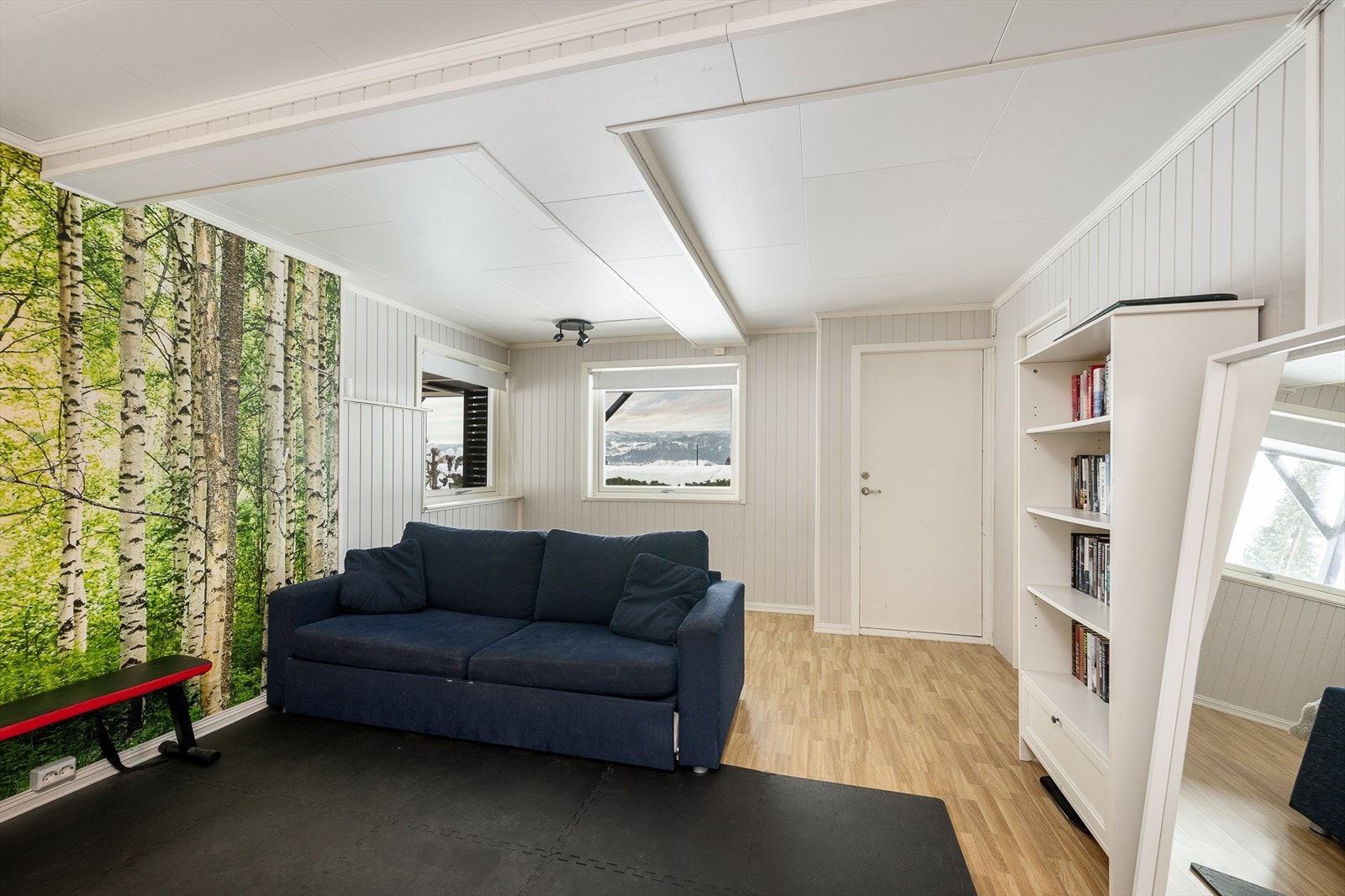 Rommet har flere vinduer som slipper inn dagslys. Direkte utgang til hagen fra kjellerstua. Galleribilde