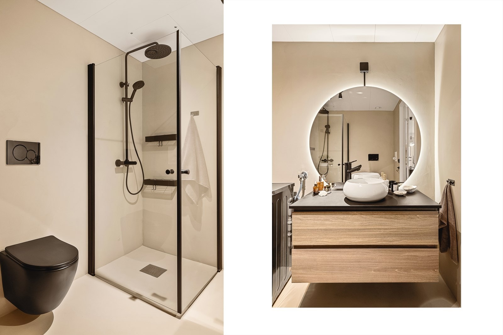 Meget lekker innredning, med fine detaljer i tre-utførelse og sort. Herlig med bl.a. himmeldusj og speil med belysning. Opplegg for vaskemaskin. Galleribilde