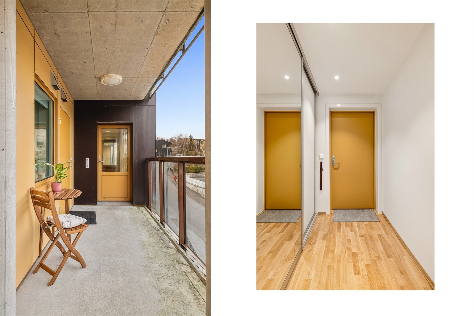 Heis tar deg til svalgang, hvor du kan møblere med et lite cafésett for å nyte morgensolen. Entré er innredet med en romslig skyvedørsgarderobe med hvit- og speilfront. Galleribilde