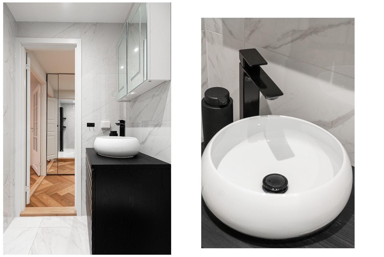 Moderne skapinnredning med spilefronter, frittstående servant og speilskap med integrert belysning. Et funksjonelt bad som betjener både familien og gjester Galleribilde