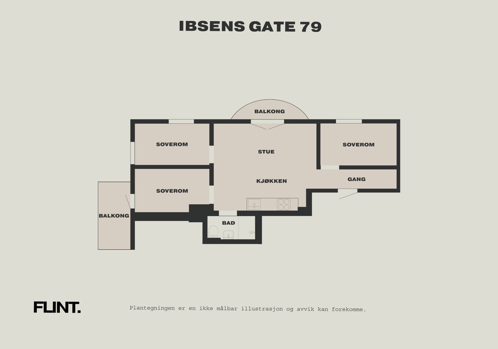 Effektiv planløsning bestående av entré/gang, stue/kjøkken, bad og hele tre soverom Galleribilde