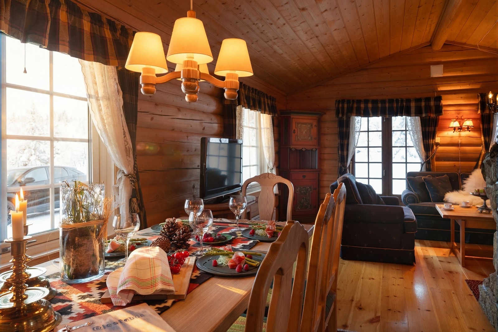 Naturlig overgang fra spiseplass til stue skaper romslig og åpen følelse. Galleribilde