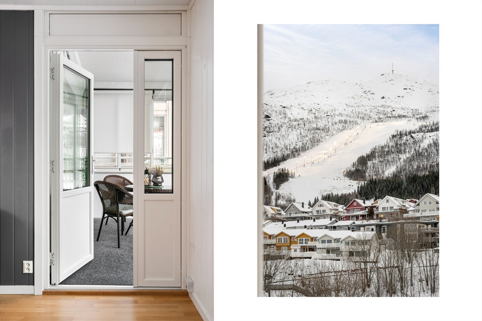Fra stue er det adkomst til innglasset balkong med utsikt mot Narvikfjellet Galleribilde