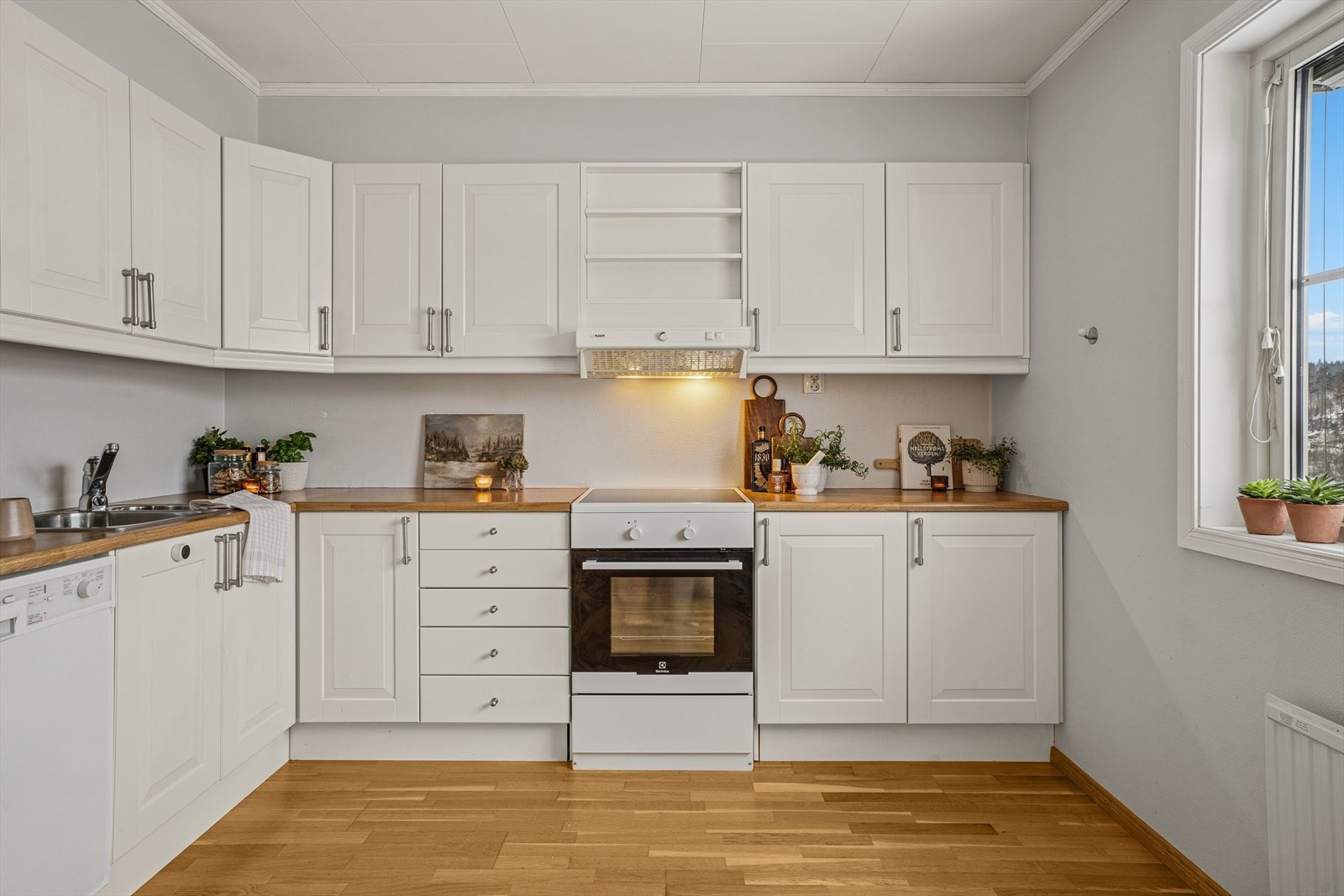 Innredningen er fra byggeåret 2006 med profilerte fronter og en benkeplate i laminat med oppvaskkum. Galleribilde