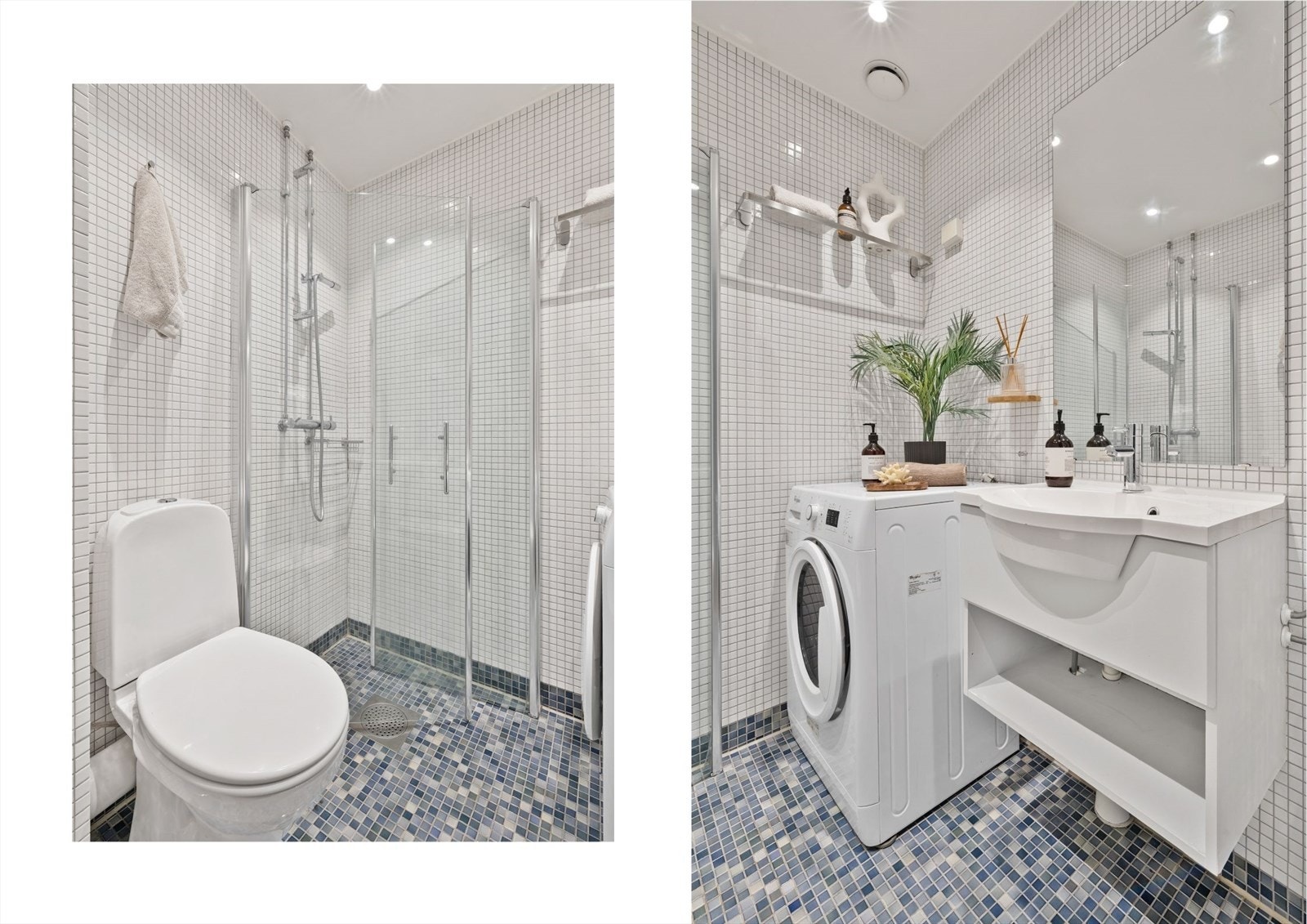 Her er det opplegg for vaskemaskin og et dusjhjørne med praktiske, svingbare glassdører Galleribilde