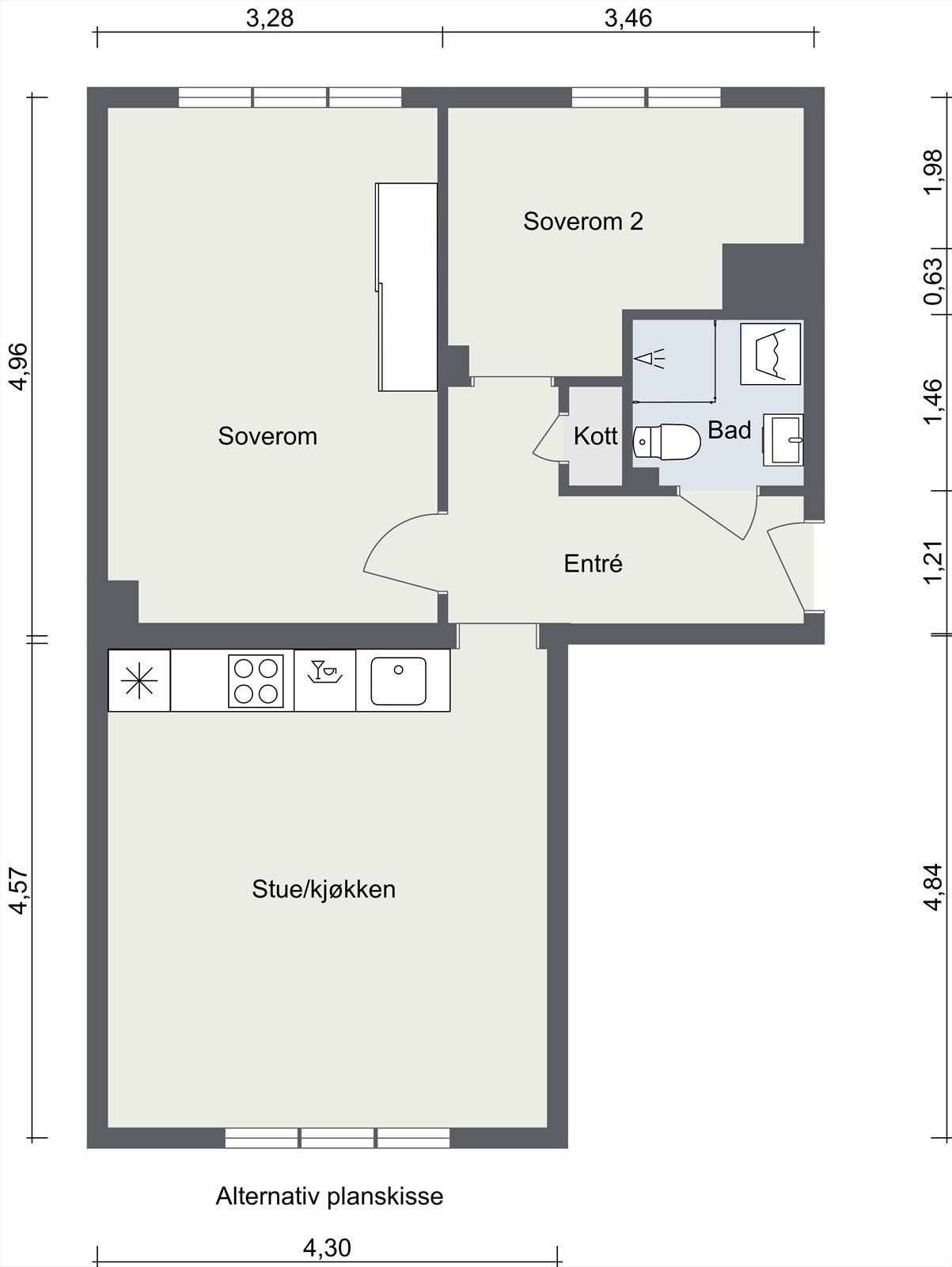 En alternativ planskisse illustrerer muligheten for å etablere et ekstra soverom Galleribilde