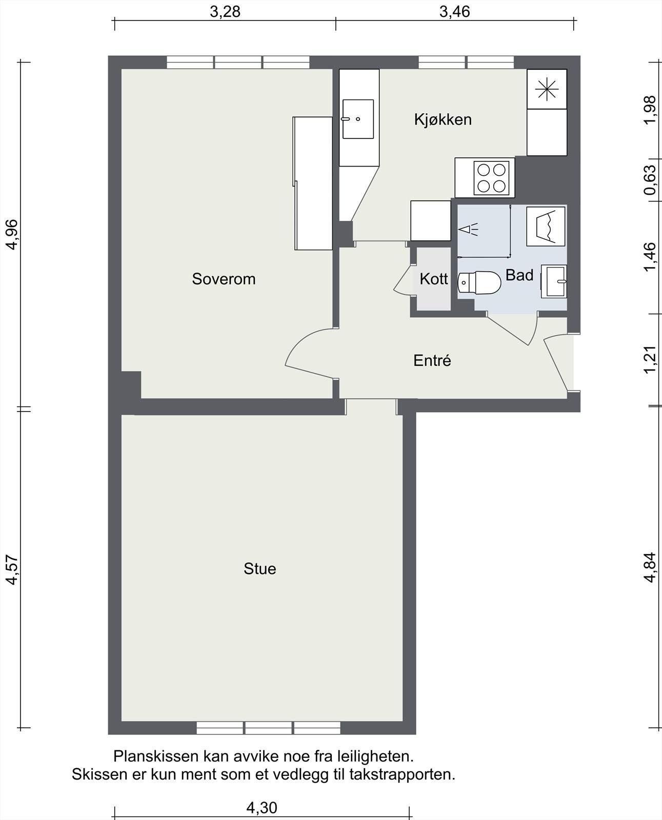 Leiligheten har en arealeffektiv planløsning på 55 m² med adskilt soverom, kjøkken og stue Galleribilde