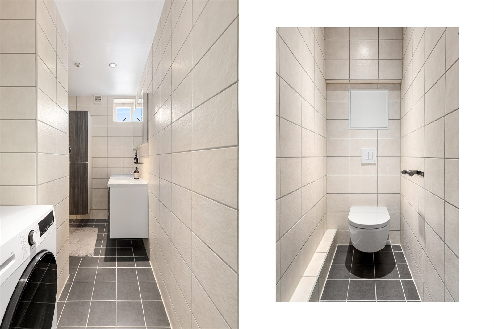 Badet er utstyrt med innredning med servant, vegghengt toalett, dusj og opplegg for vaskemaskin. Galleribilde