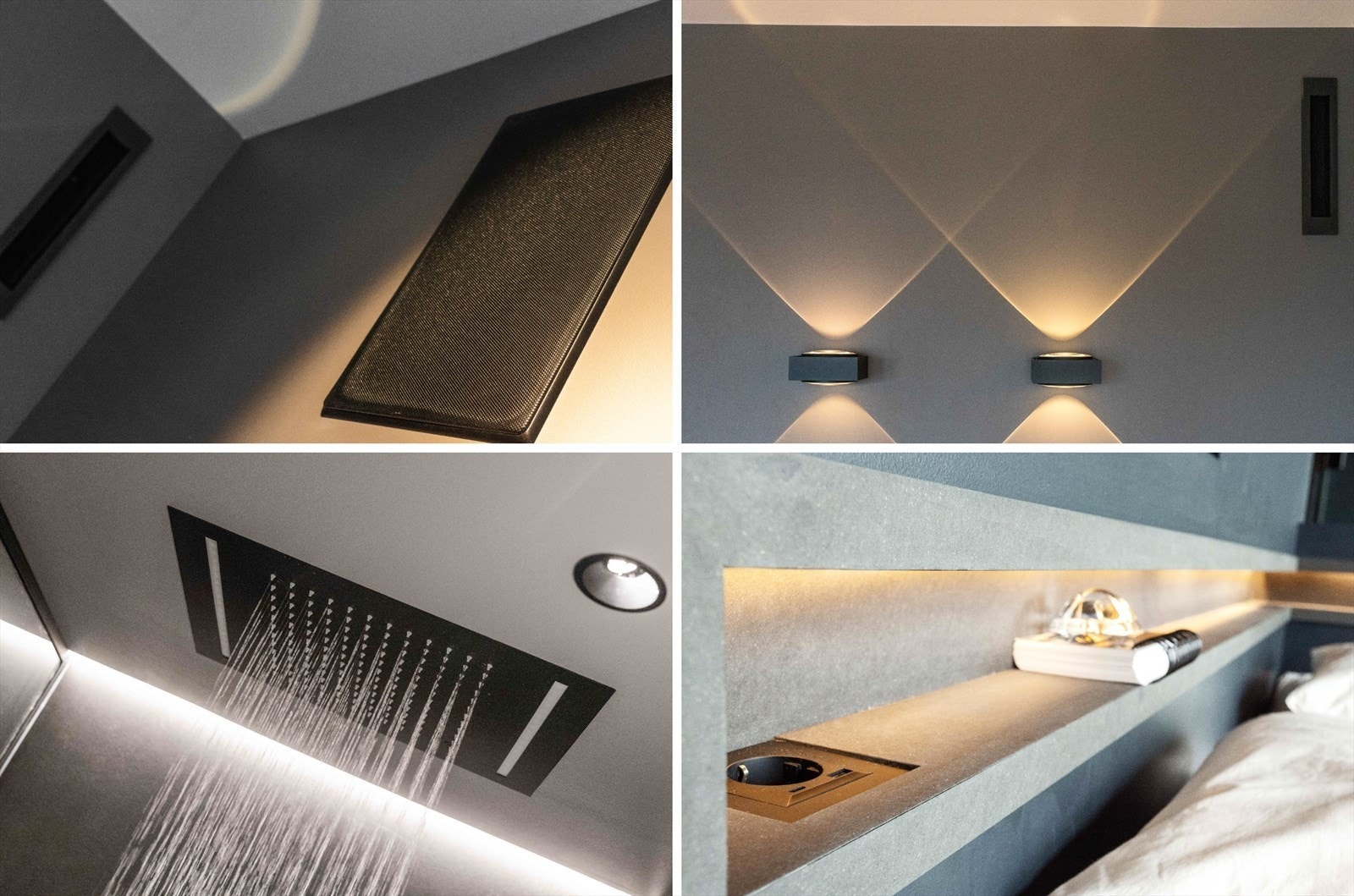 Moderne detaljer; innebygde høyttalere, håndlaget tilluftsventil, innebygd dusj i tak, moderne belysning og plassbygd nattbordshylle med lys og innfelte stikkontakter. Galleribilde